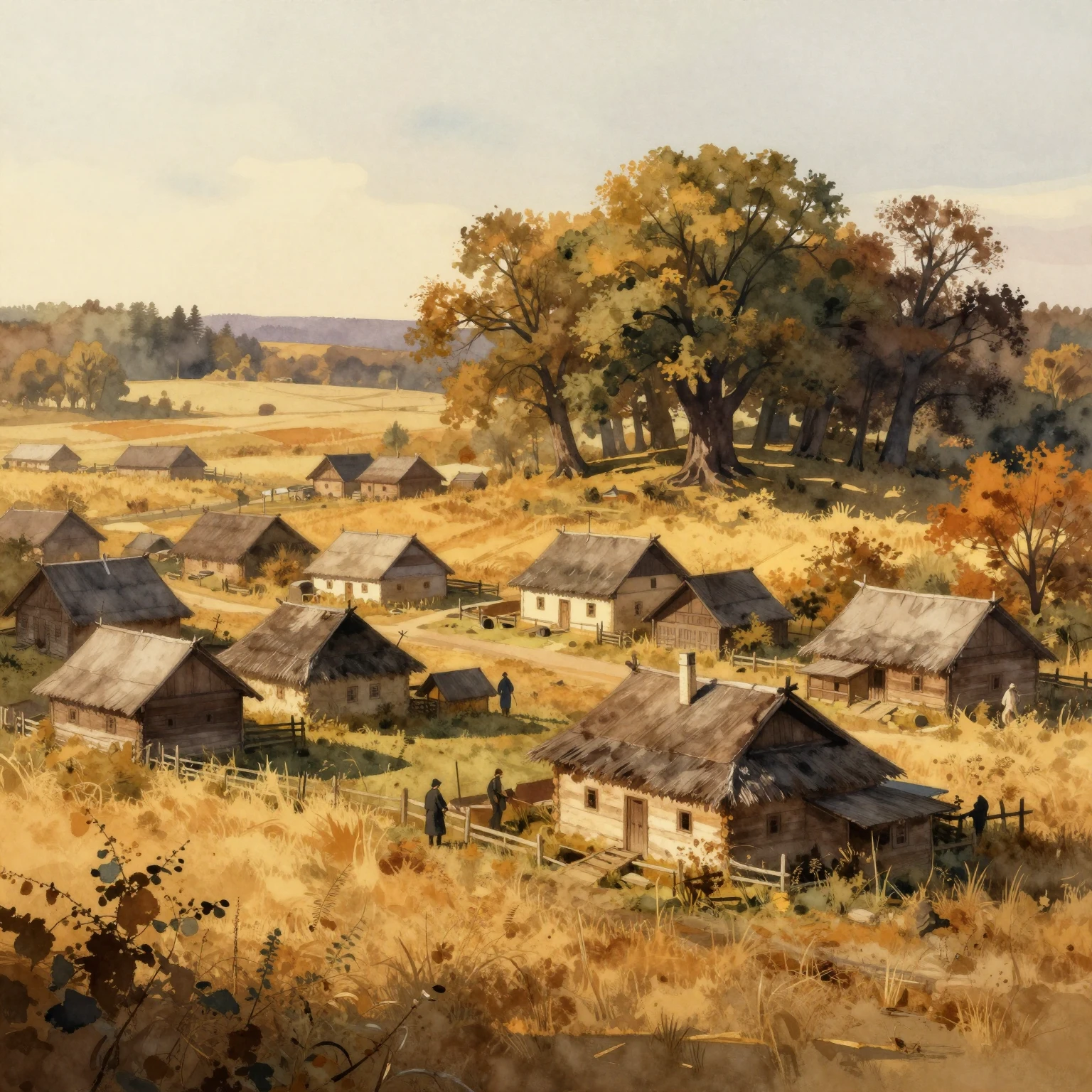 Atmospheric ethnographic watercolor illustration of an ancie...
