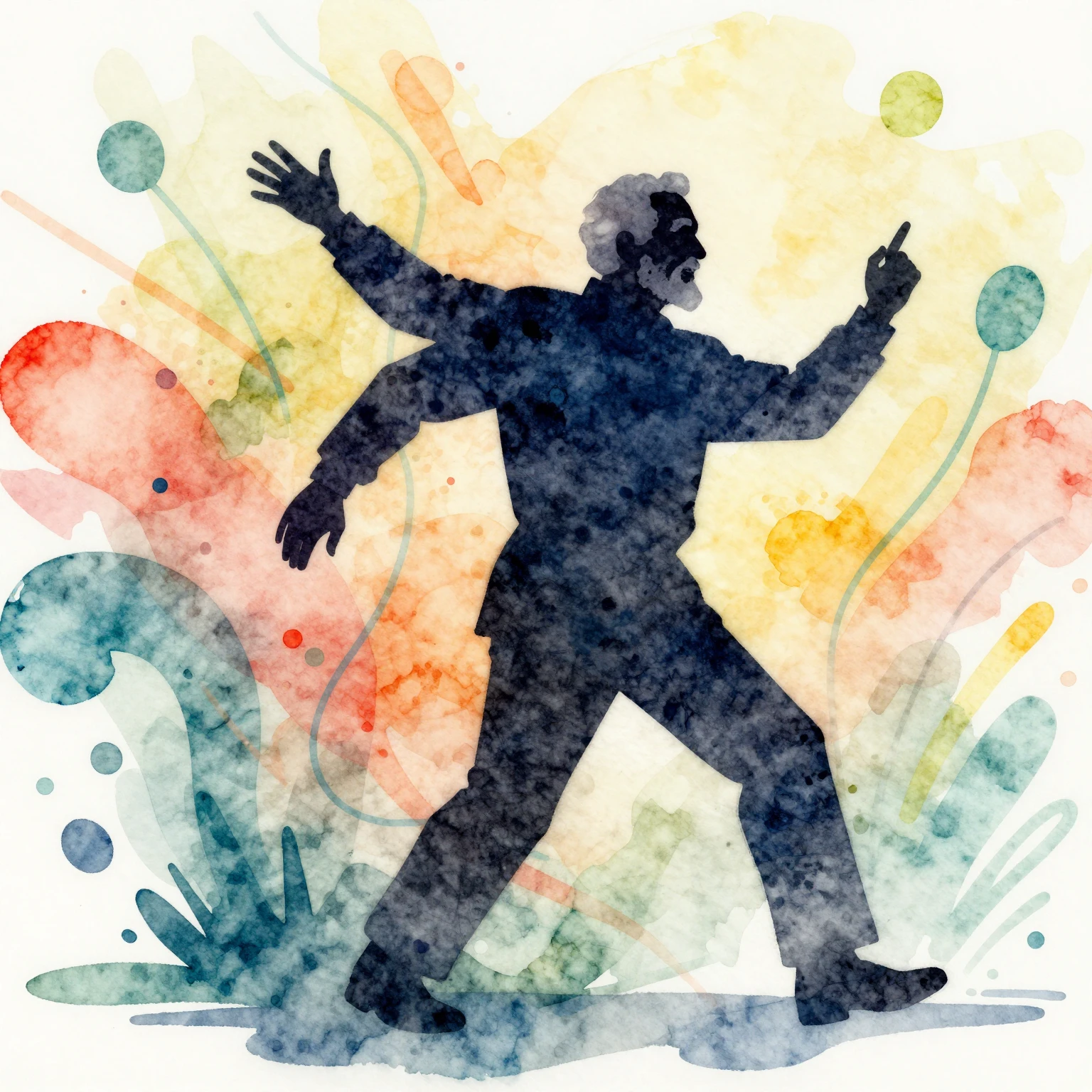 A vibrant watercolor style image of an energetic elderly man...