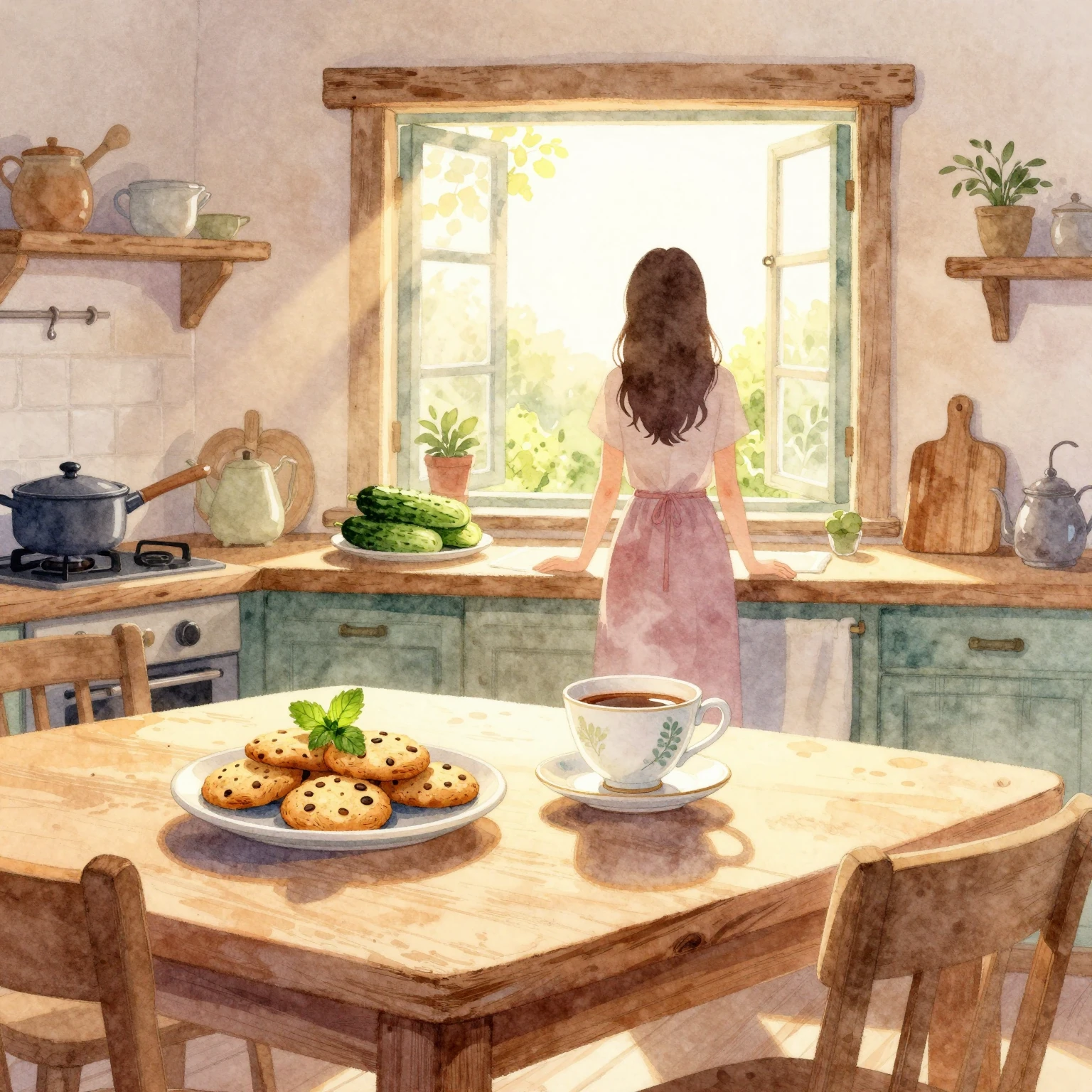 Vibrant watercolor illustration. A rustic kitchen scene at s...