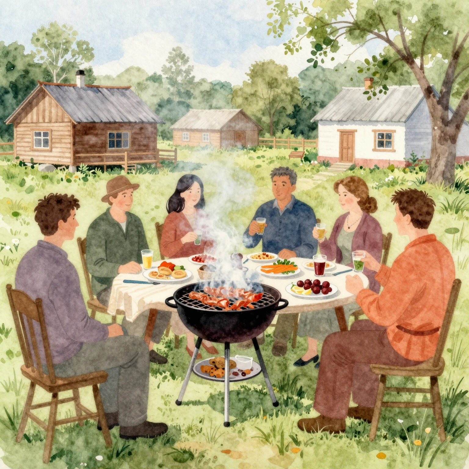 A vibrant watercolor painting of a cozy backyard gathering i...