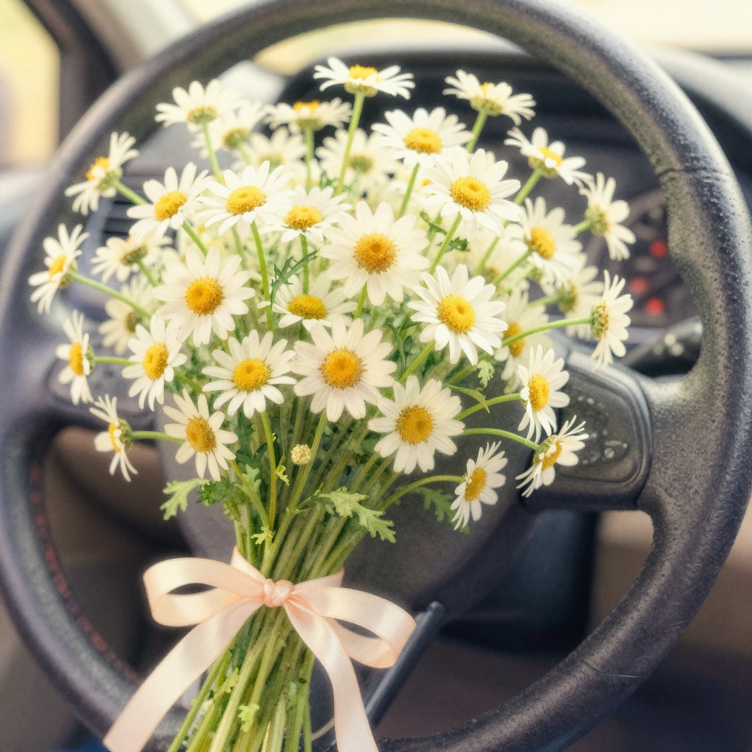 Watercolor close-up of fresh daisies in a bouquet tied to a ...