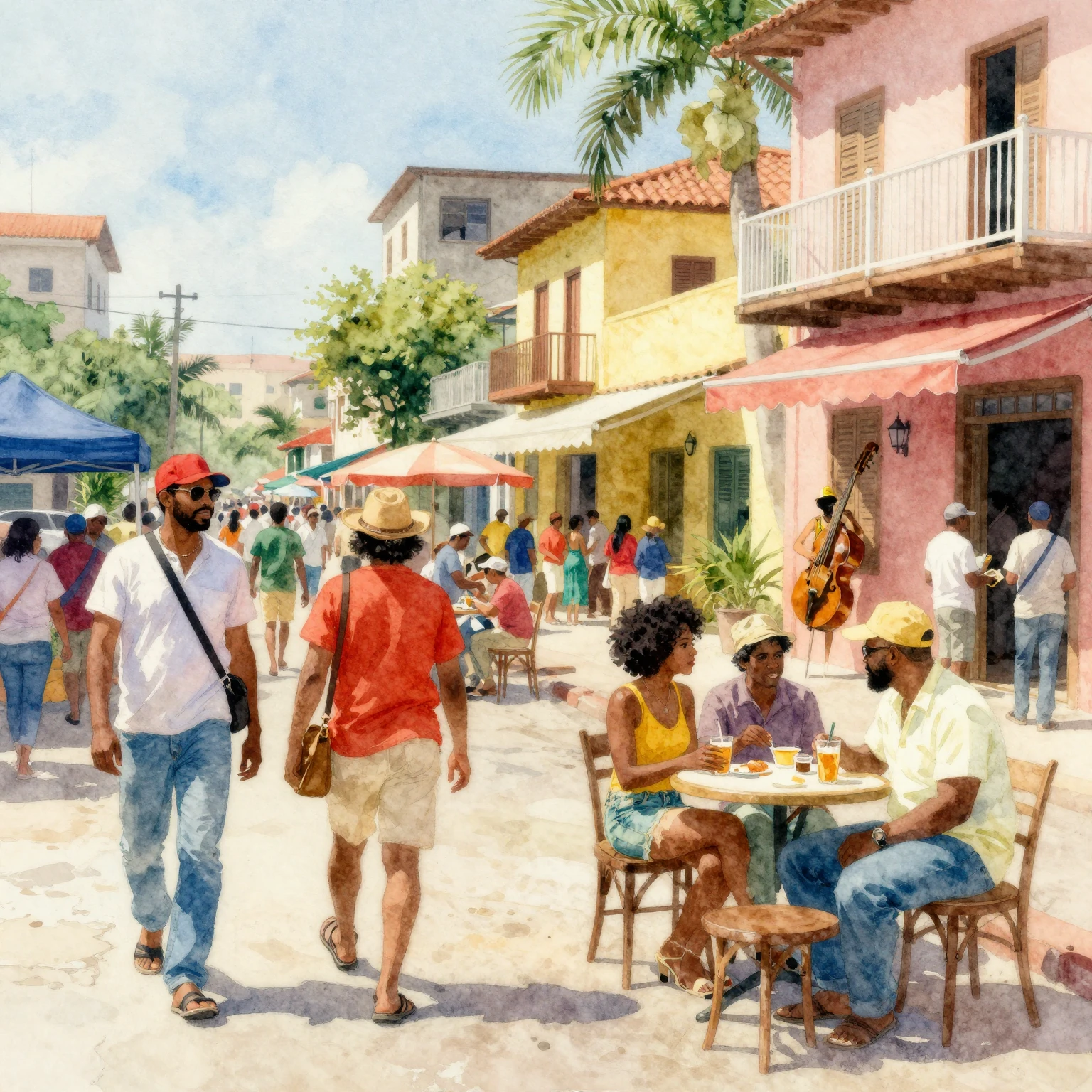 Vibrant watercolor style. Bustling southern port city street...