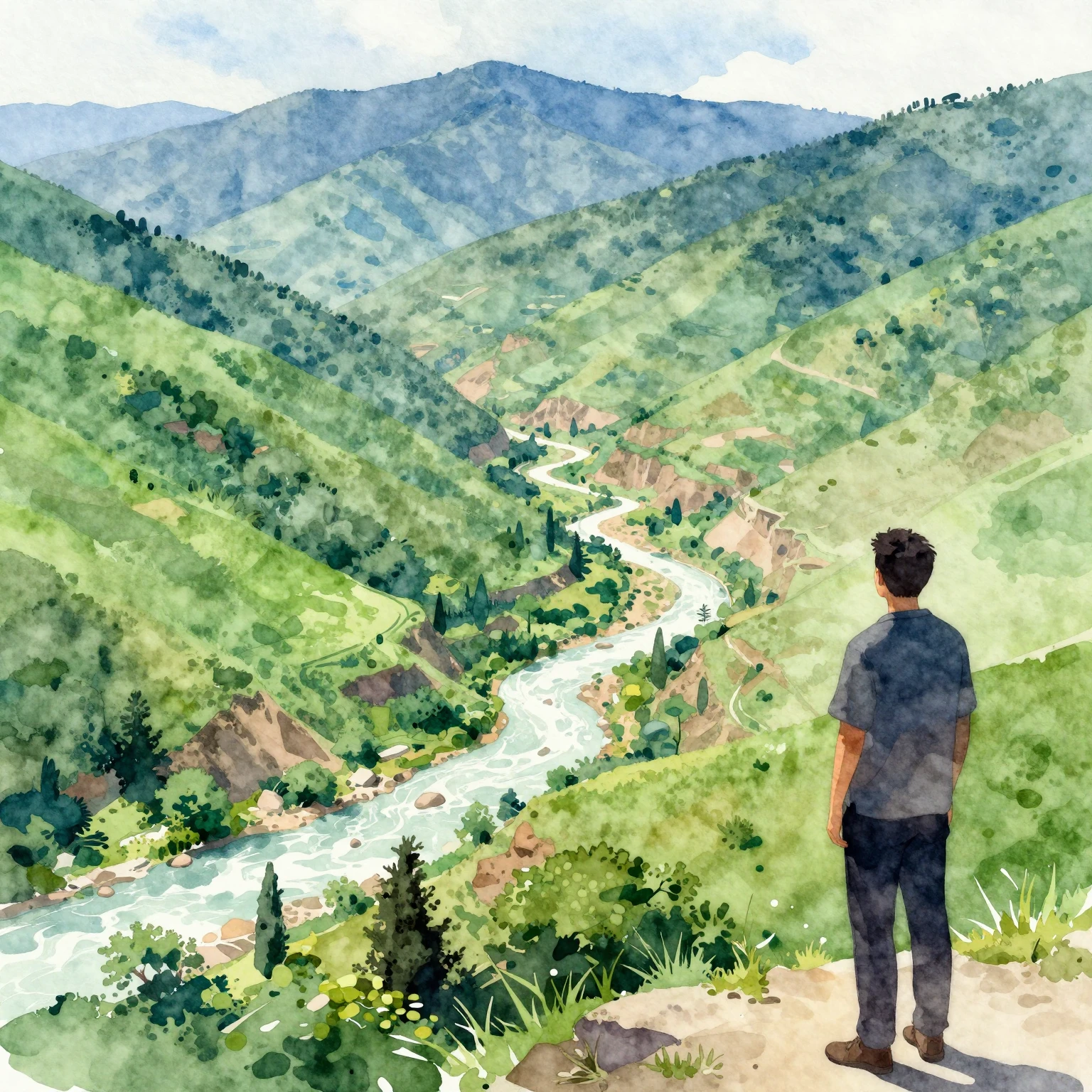 Vibrant watercolor style. Hamshen mountains, lush green vall...
