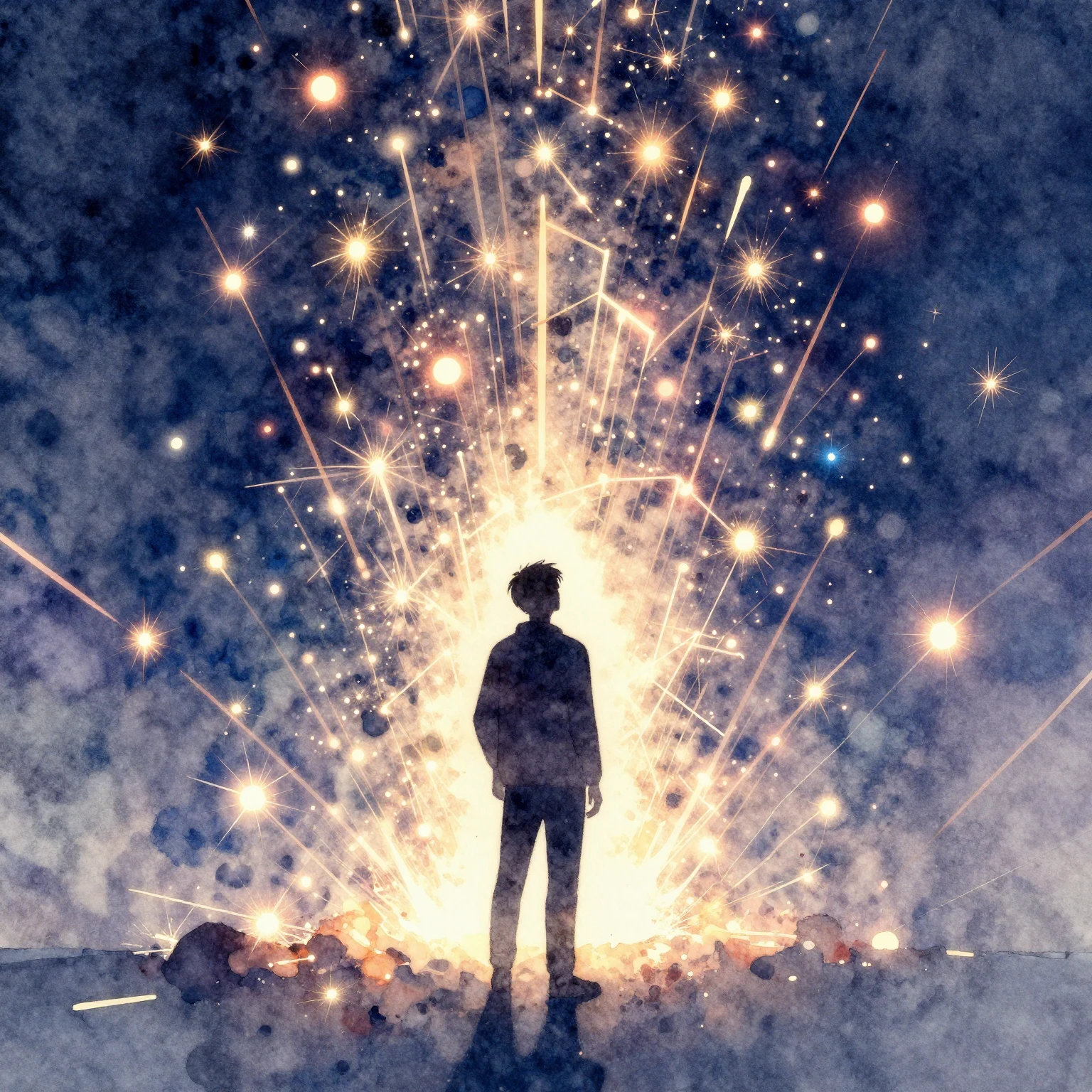 Vibrant watercolor style. A fleeting spark of light, a digit...
