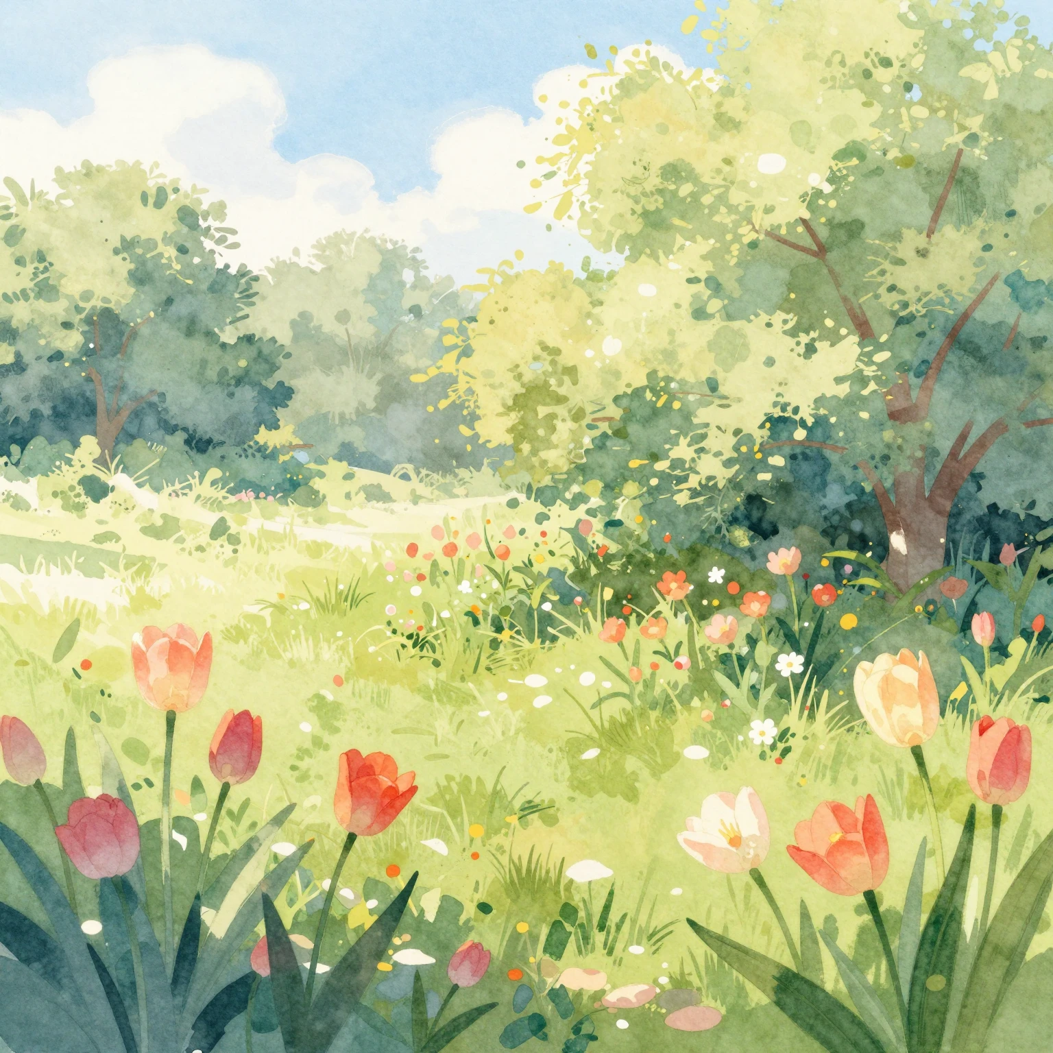 A vibrant watercolor illustration of a serene natural scene ...