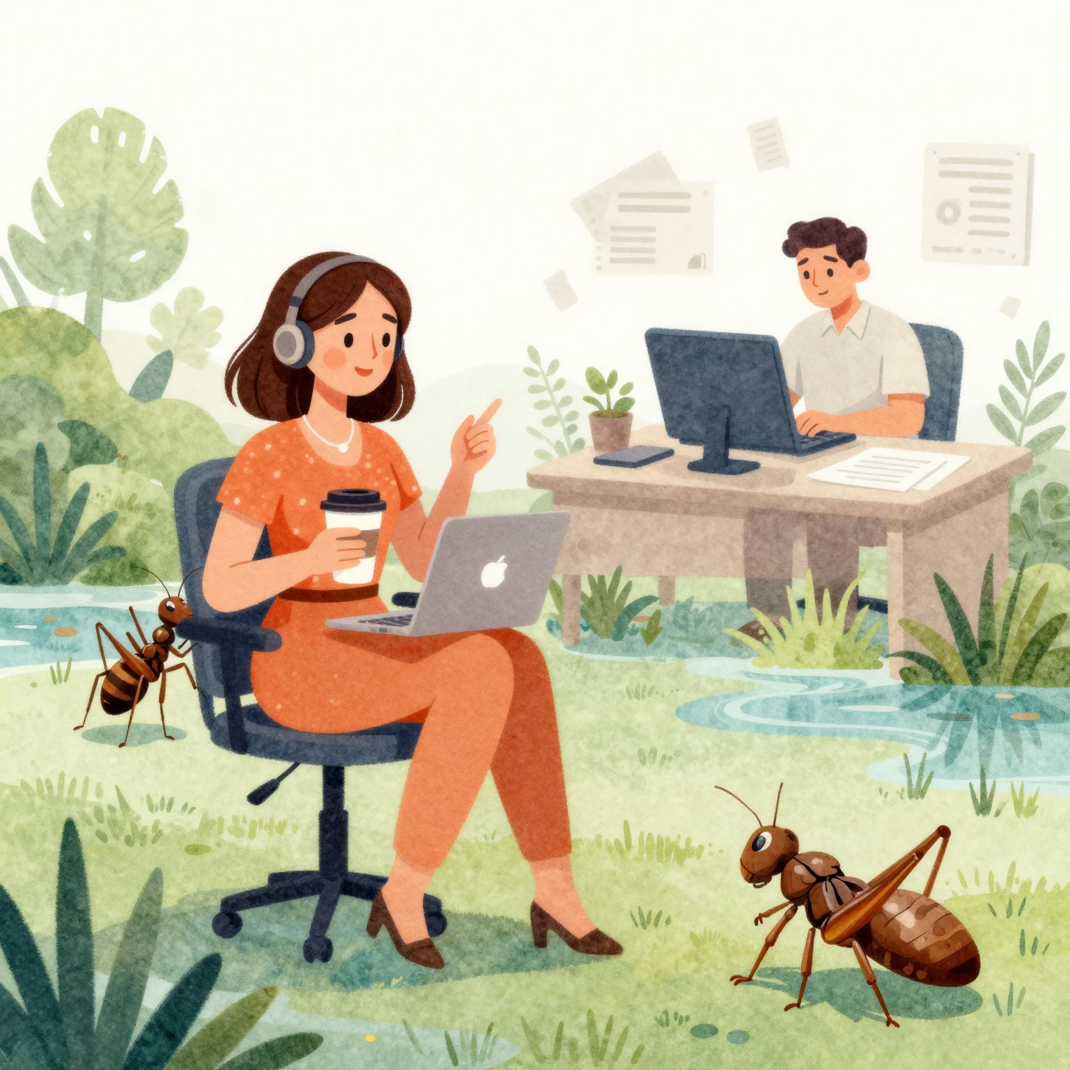 Vibrant watercolor style illustration of the ant and grassho...