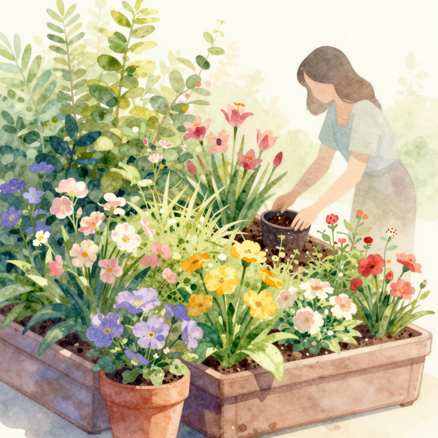 Vibrant watercolor illustration of a lush container garden w...