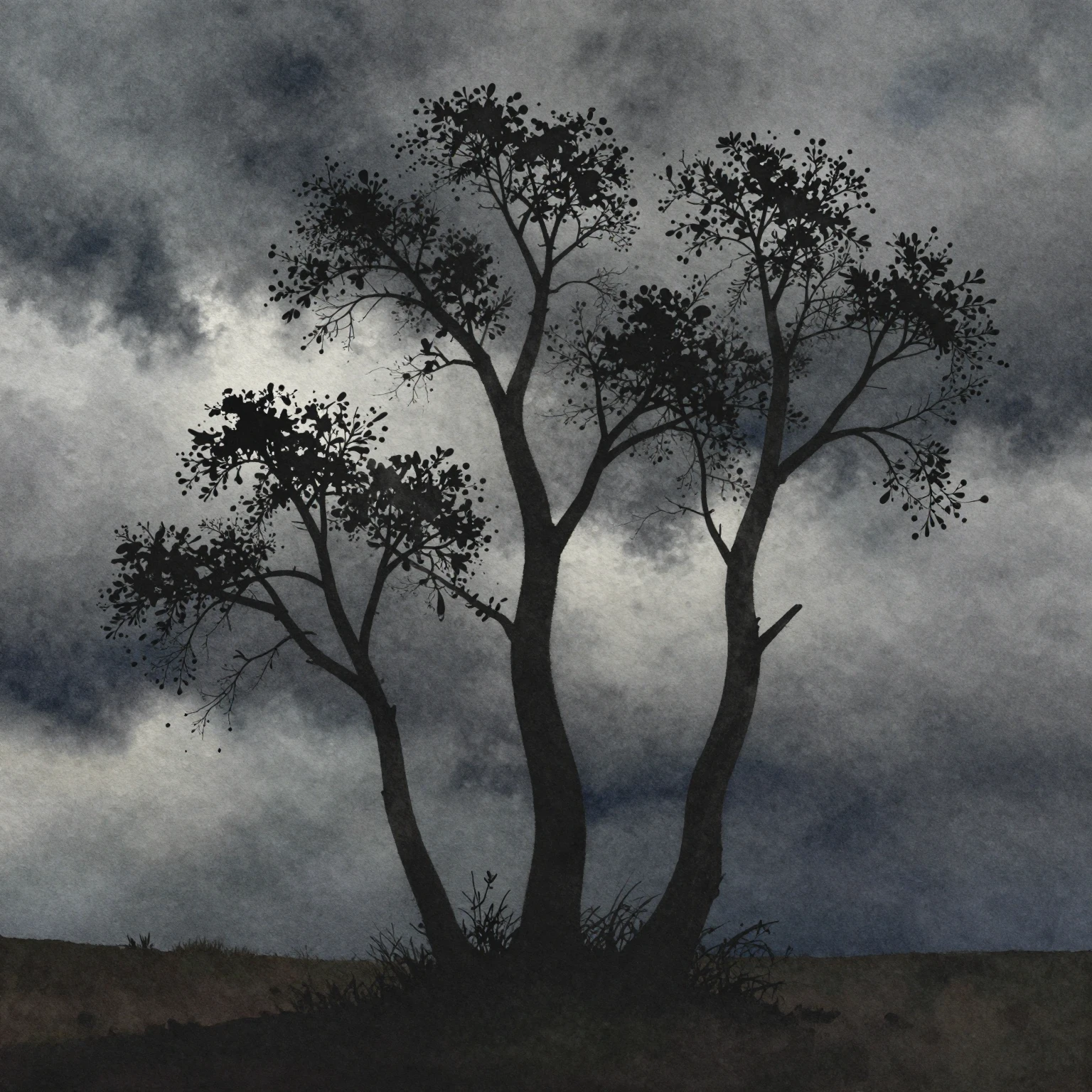 Watercolor painting of a dark silhouette of three trees stan...