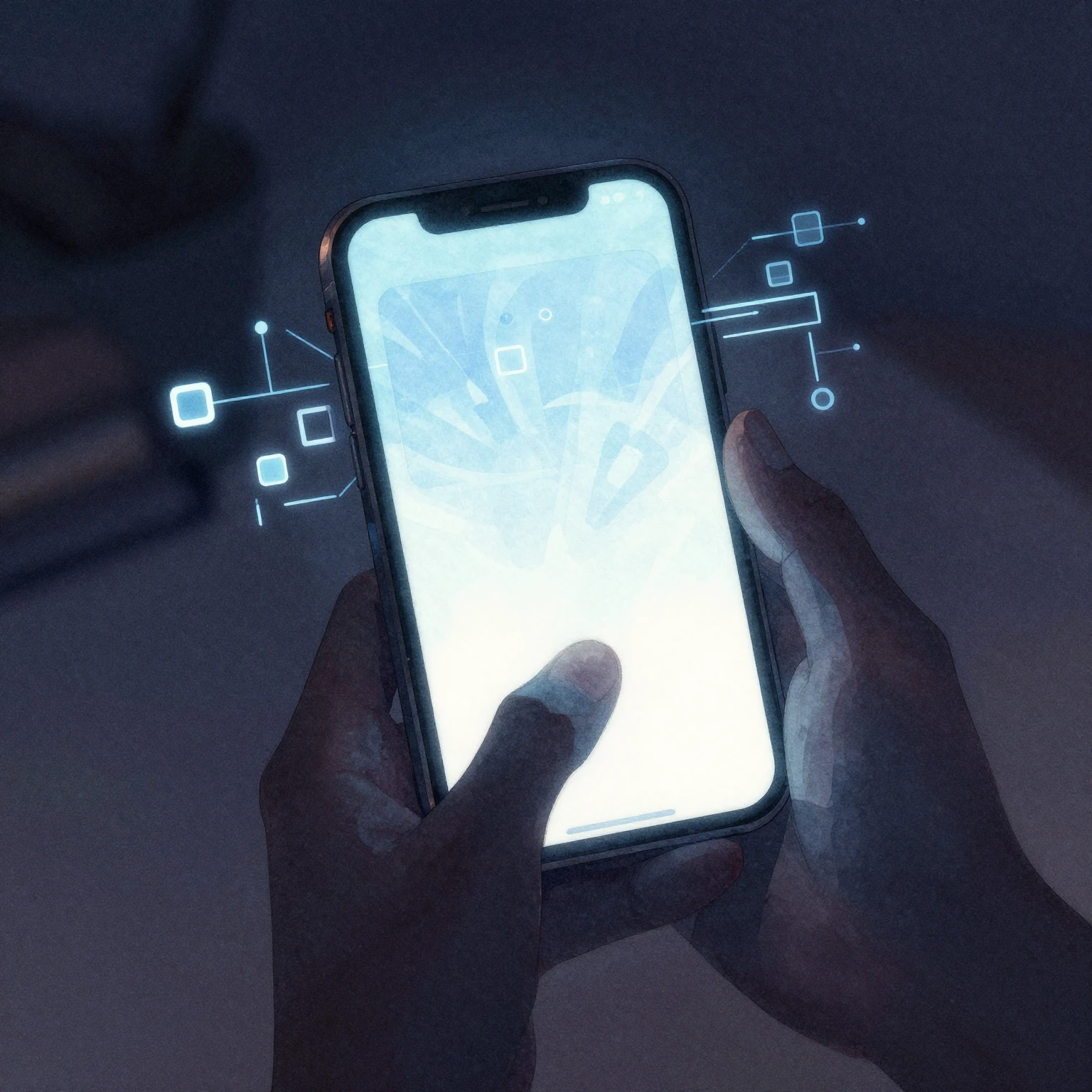 Watercolor style smartphone art, a glowing smartphone screen...