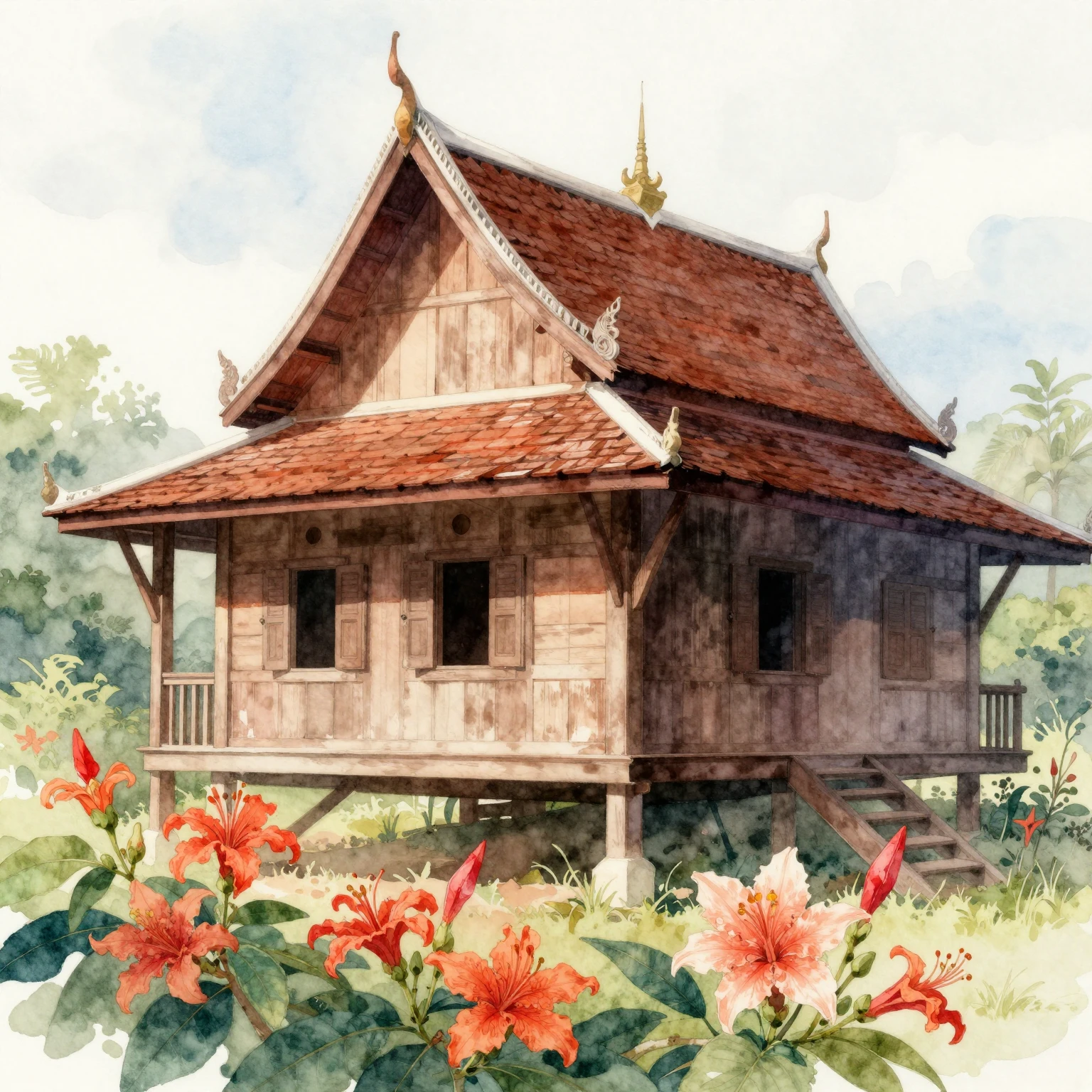 Watercolor folk art illustration of a traditional Thai woode...