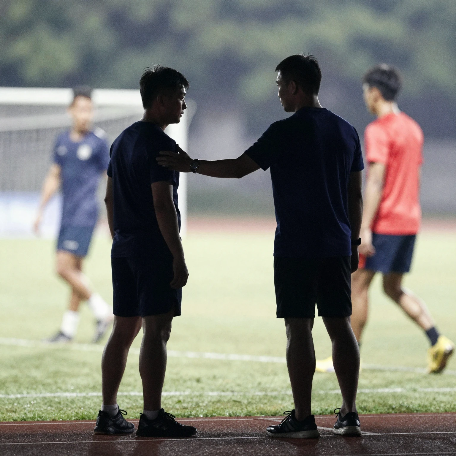 Watercolor style. Silhouette of a coach and an athlete, with...