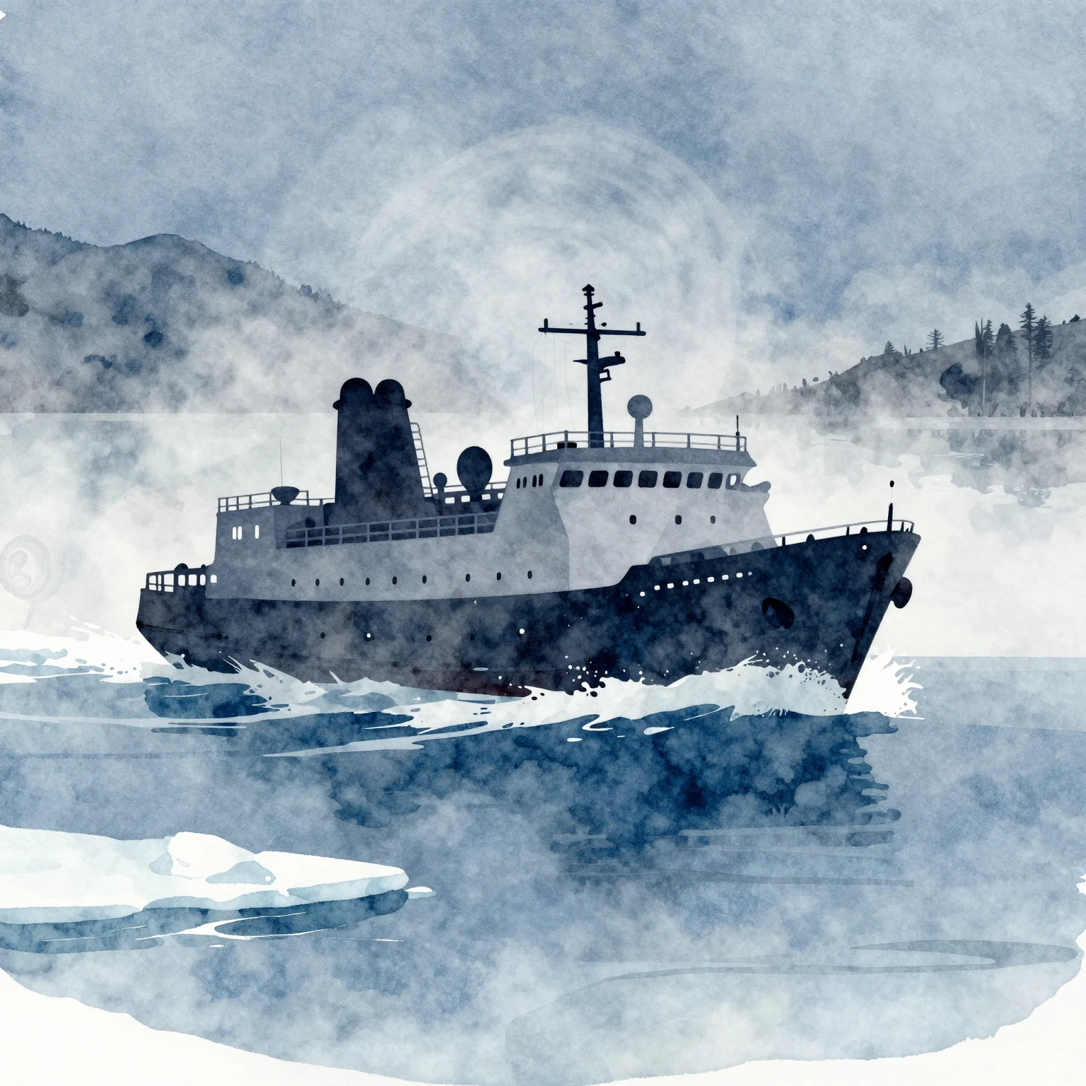 Vibrant watercolor style. A stylized silhouette of a ship na...