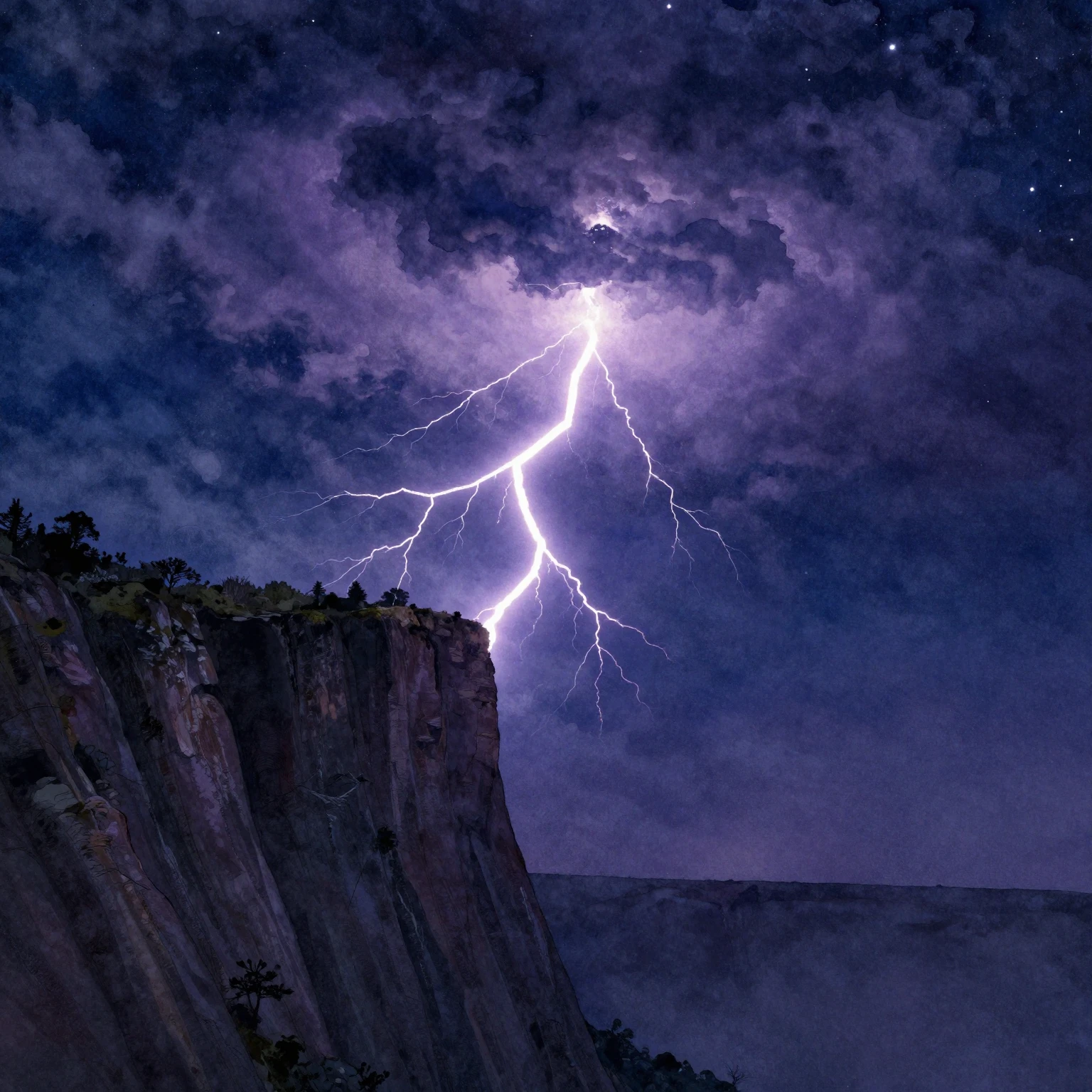 A dramatic night sky with a high cliff and electric lightnin...