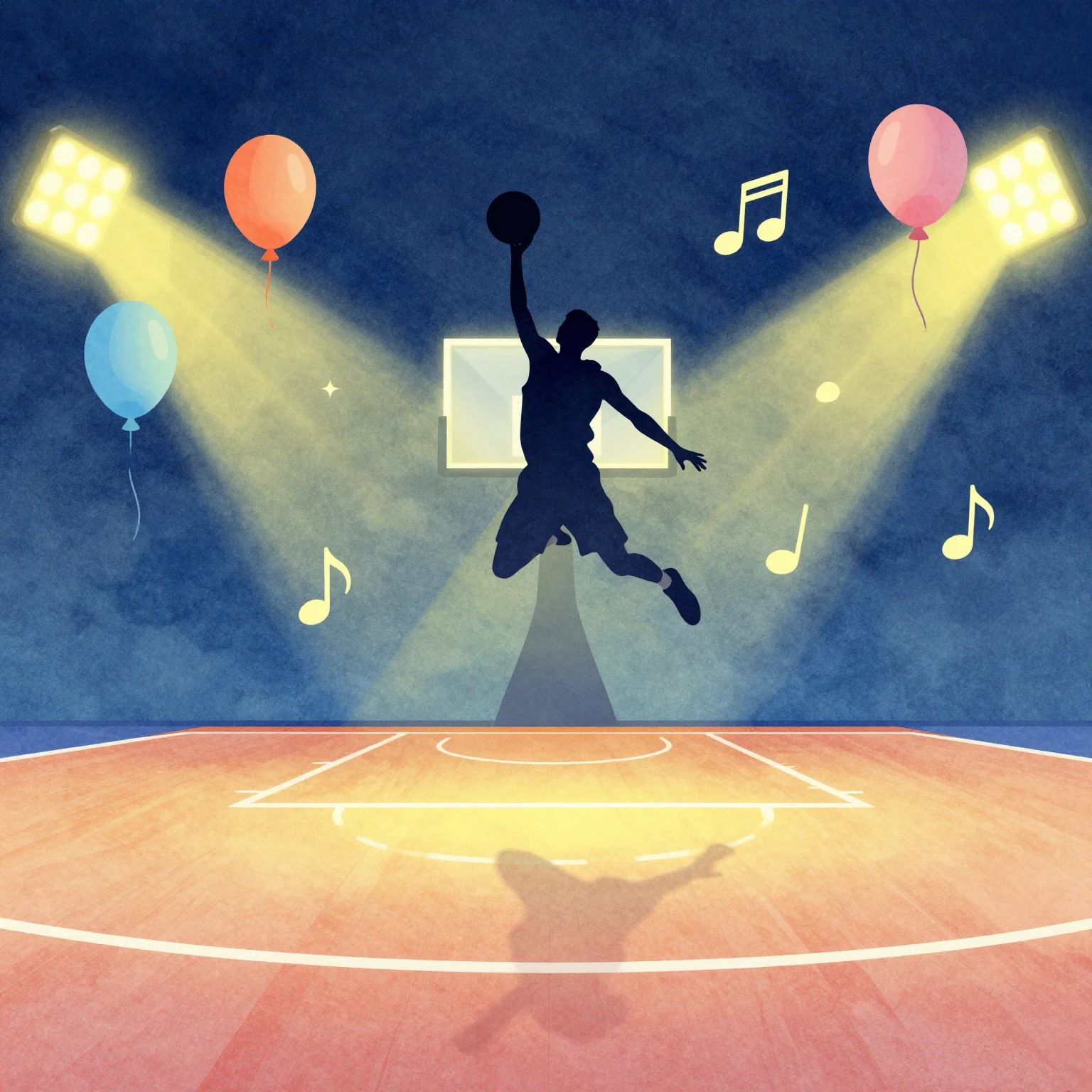 Watercolor style. A festive basketball court background with...