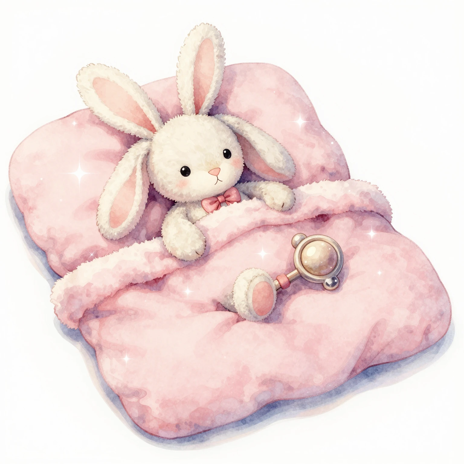 A delicate watercolor illustration of a soft pink baby blank...