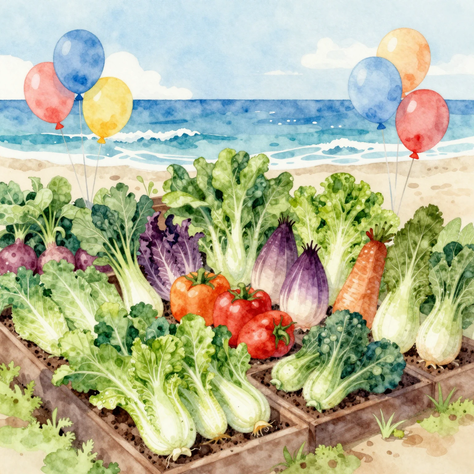 Watercolor illustration of a festive vegetable garden by the...