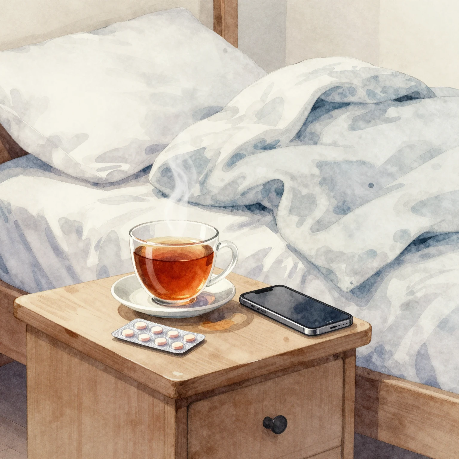 A watercolor illustration of a bed with a rumpled blanket. A...