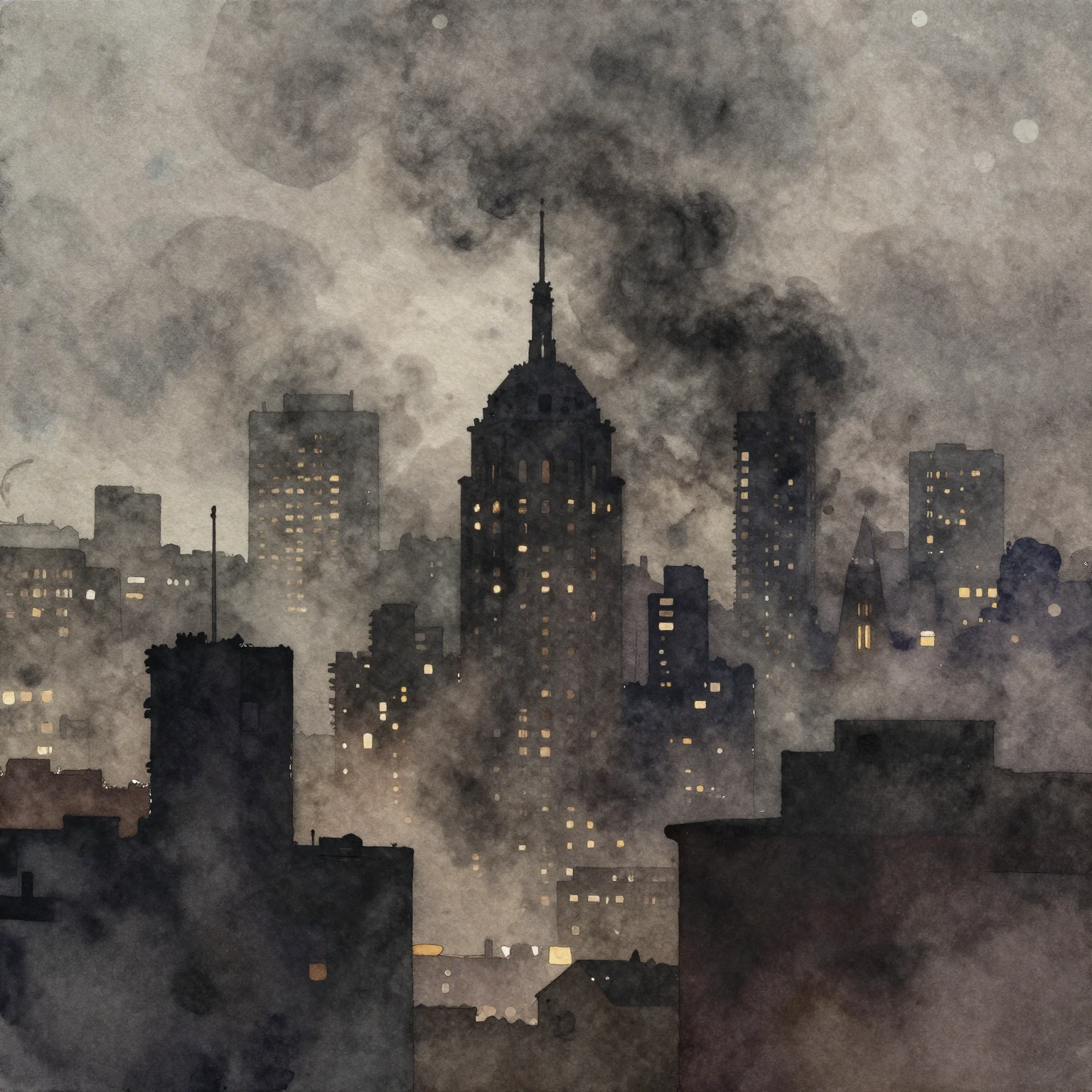 A vibrant watercolor painting of a dark, smoky cityscape. Th...
