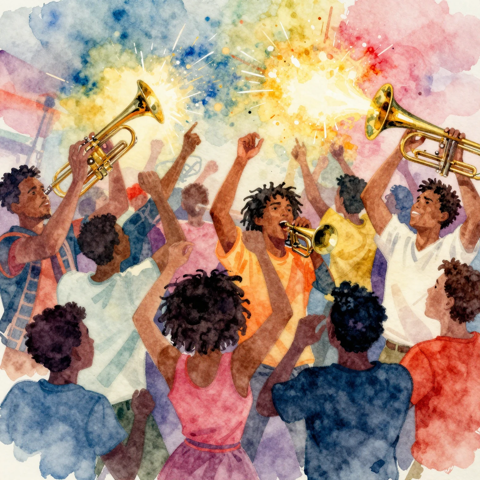 Vibrant watercolor style. Ska-punk concert chaos, energetic ...