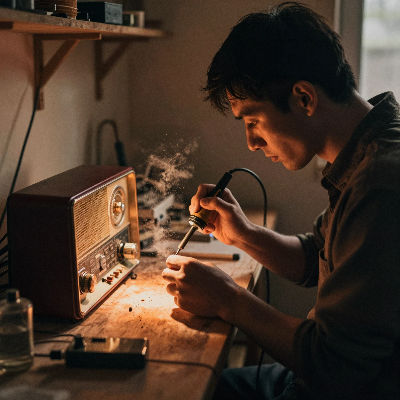Silhouette of a man focused on soldering a vintage radio in ...