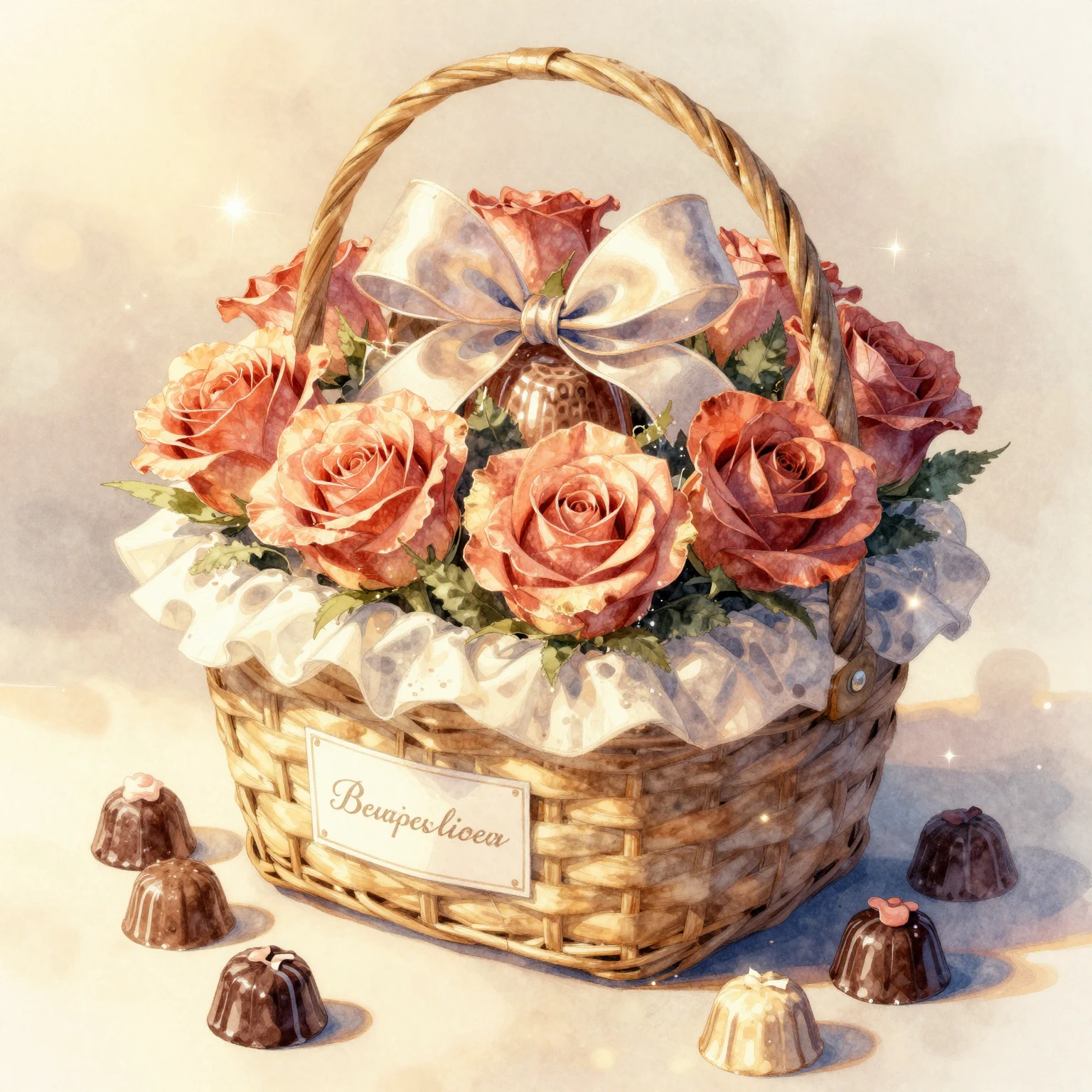 A watercolor painting of a decorative gift basket, overflowi...