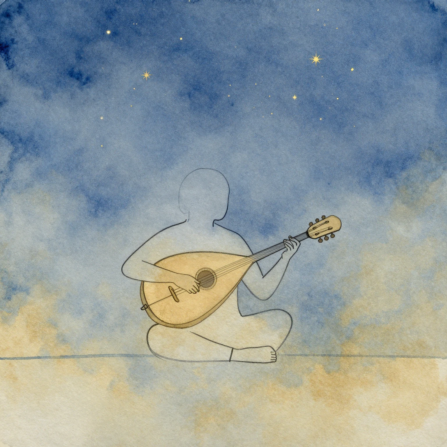 Minimalist watercolor painting of an oud player sitting unde...