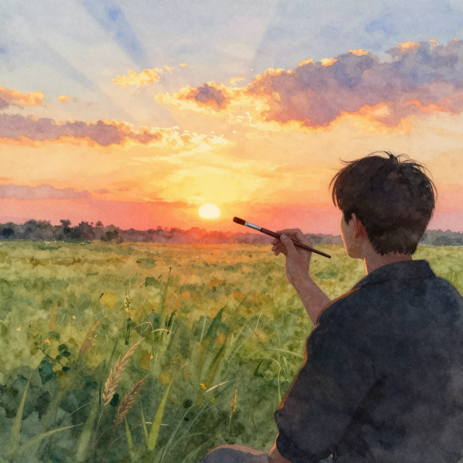 Watercolor style. A silhouette of a person holding a paintbr...