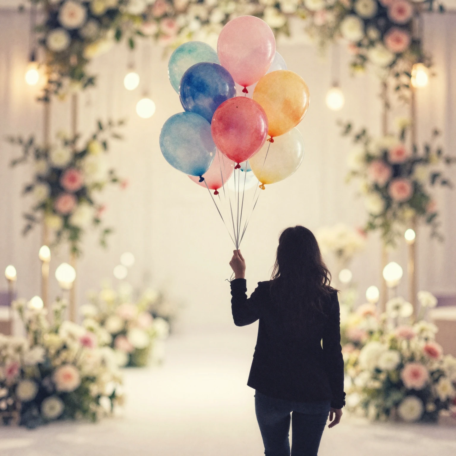 Watercolor style, silhouette of person holding bunch of ball...