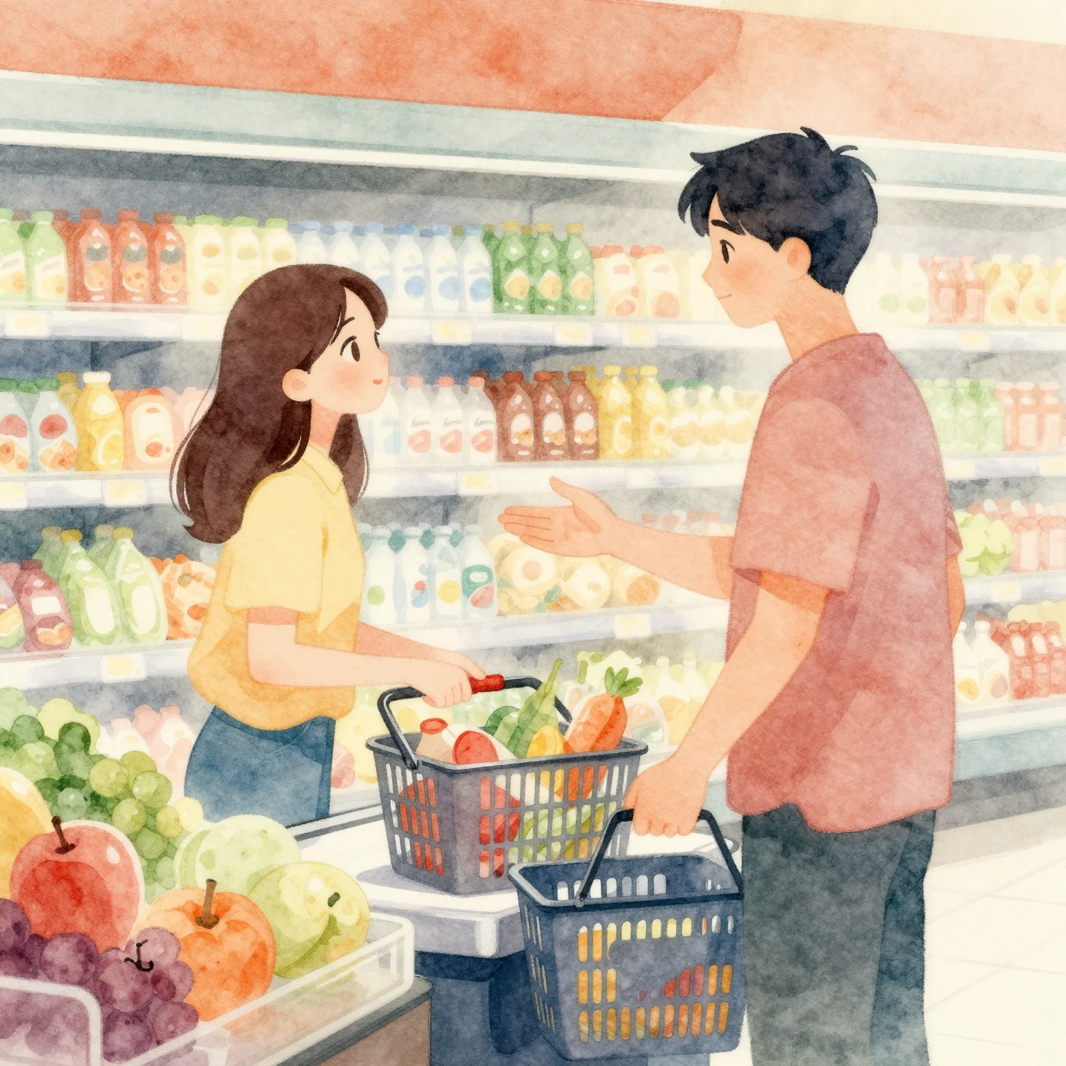 Vibrant watercolor illustration of a romantic, warm, and sli...