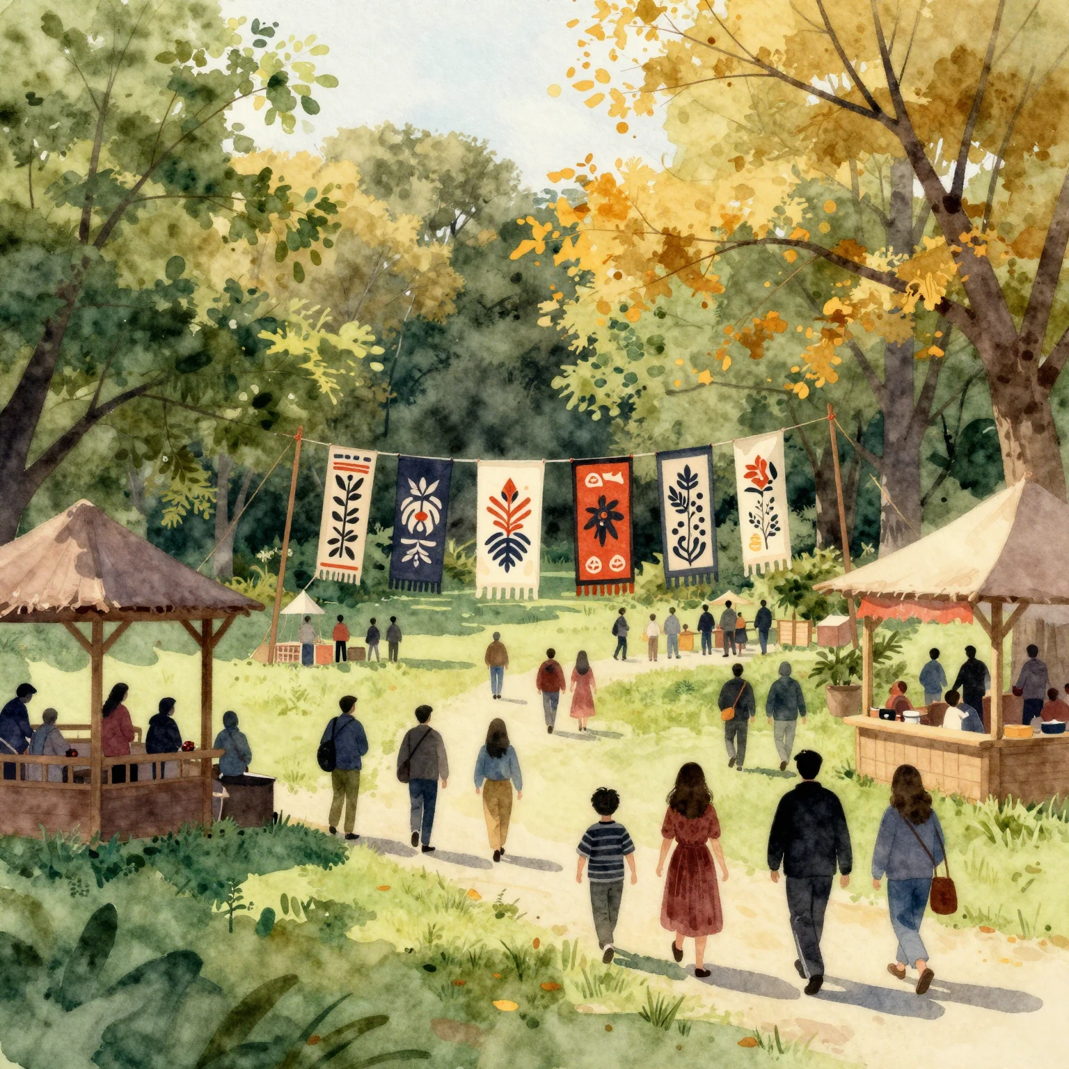Watercolor painting of a cultural festival in a lush green p...