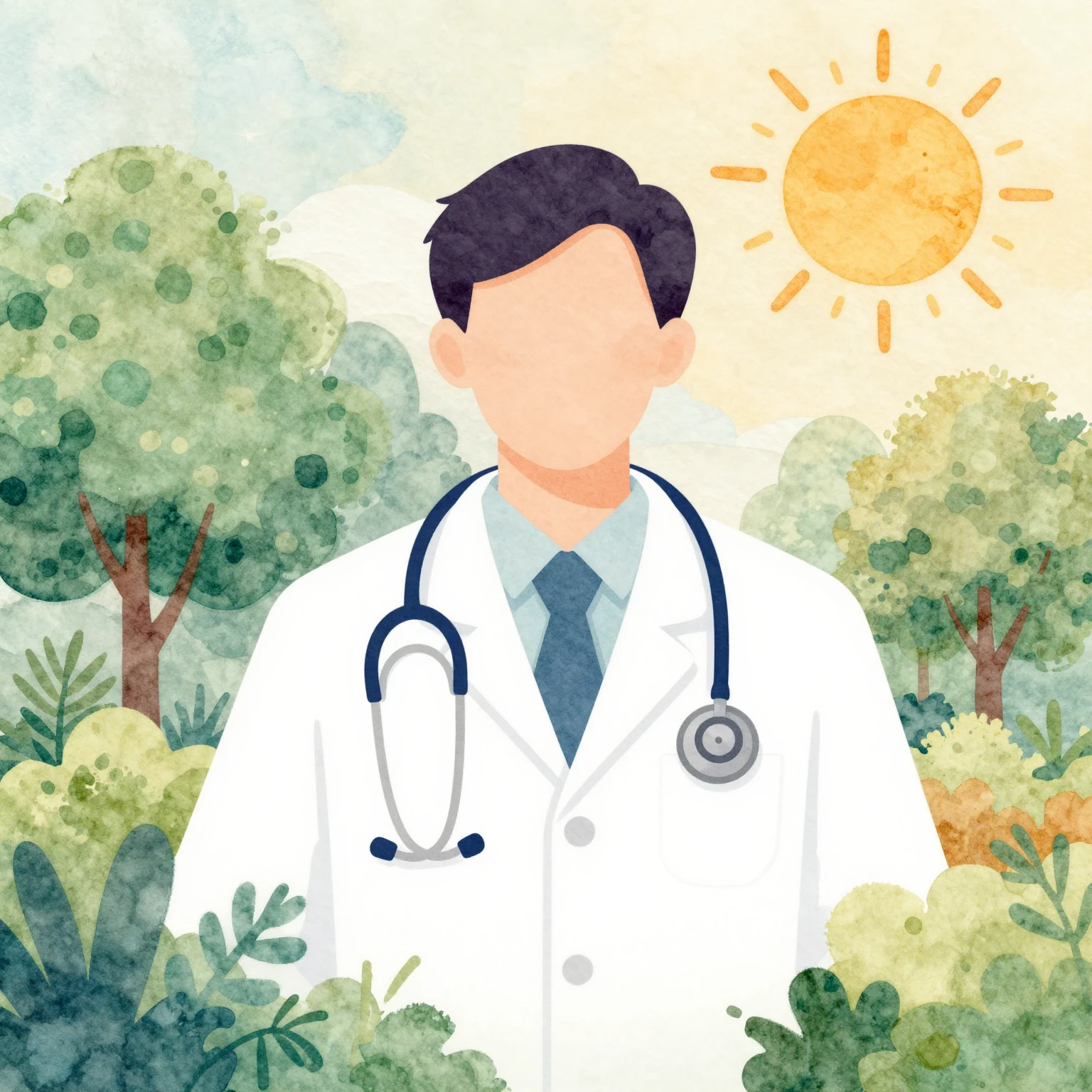 Vibrant watercolor style, a silhouette of a doctor with a st...