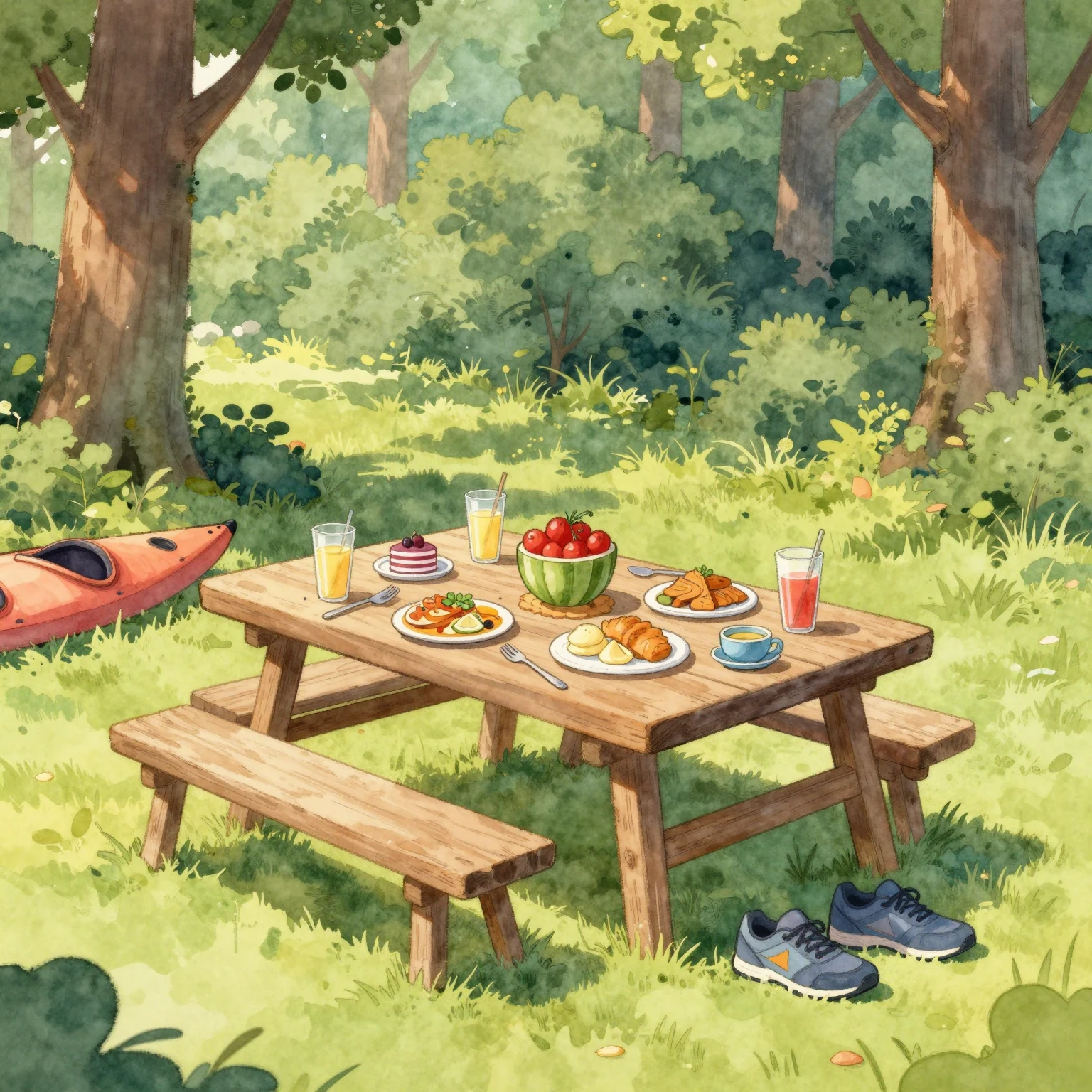 Watercolor style, funny cartoon style, picnic table in a for...
