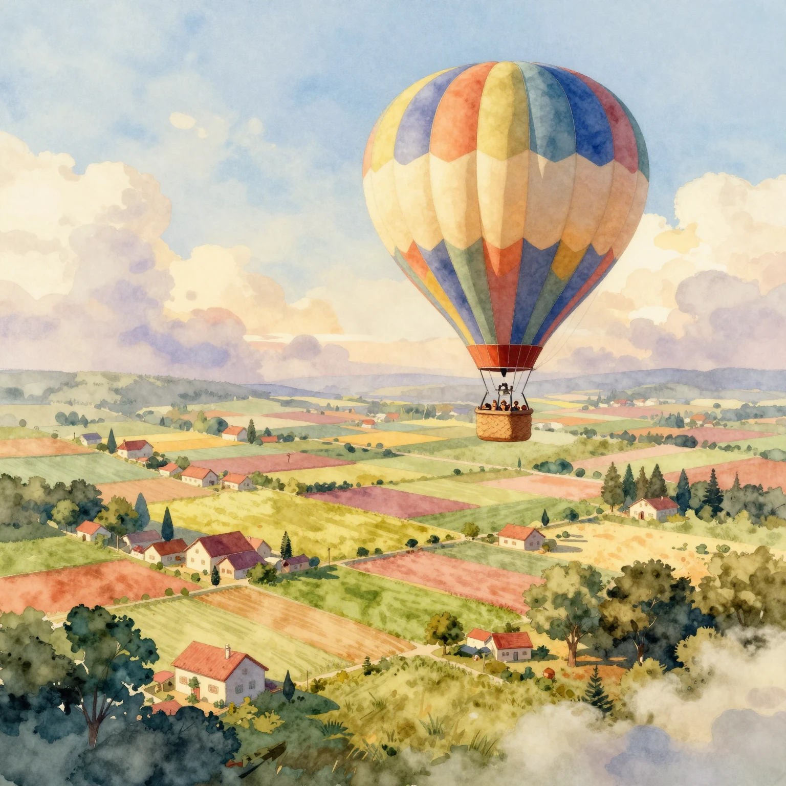 A dreamy watercolor painting of a hot air balloon floating a...