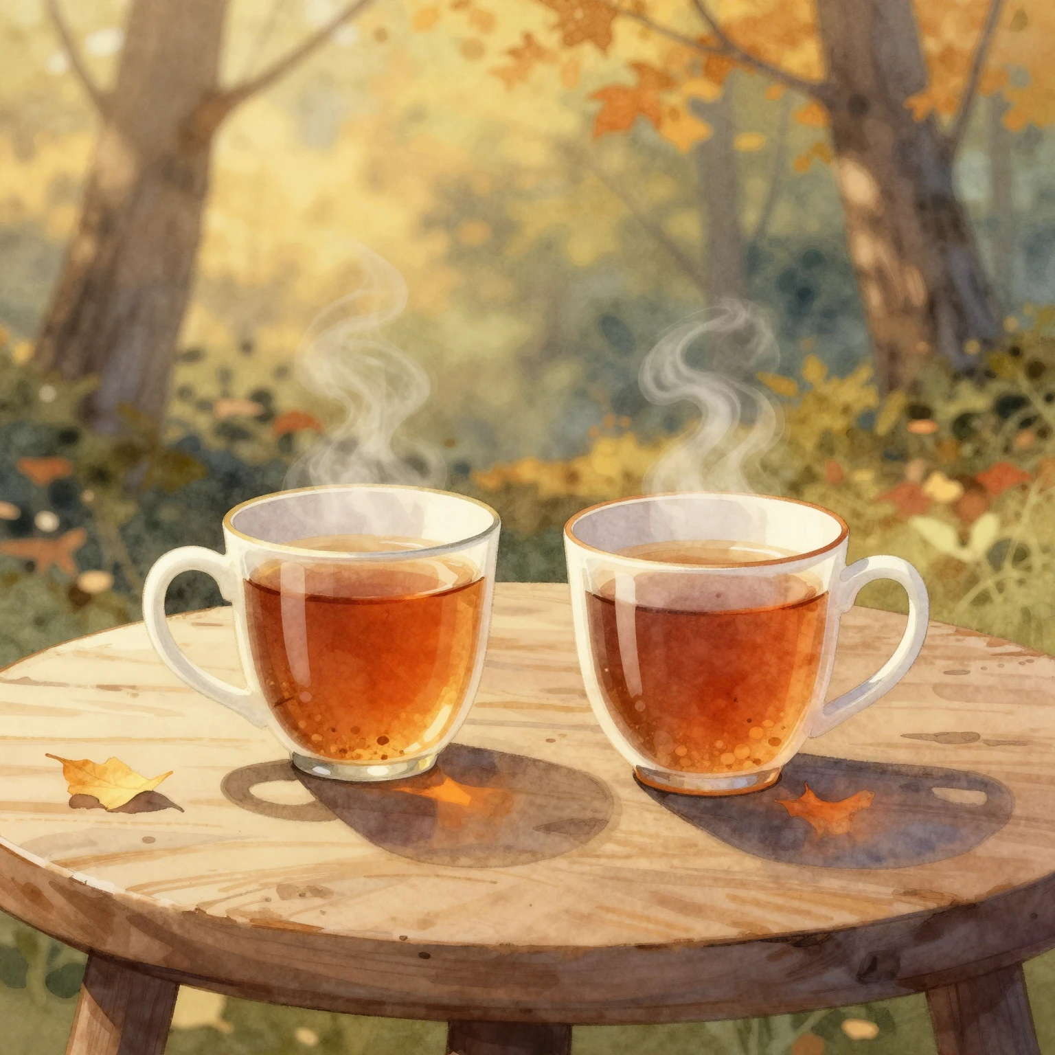Watercolor illustration of two warm mugs of tea on a wooden ...