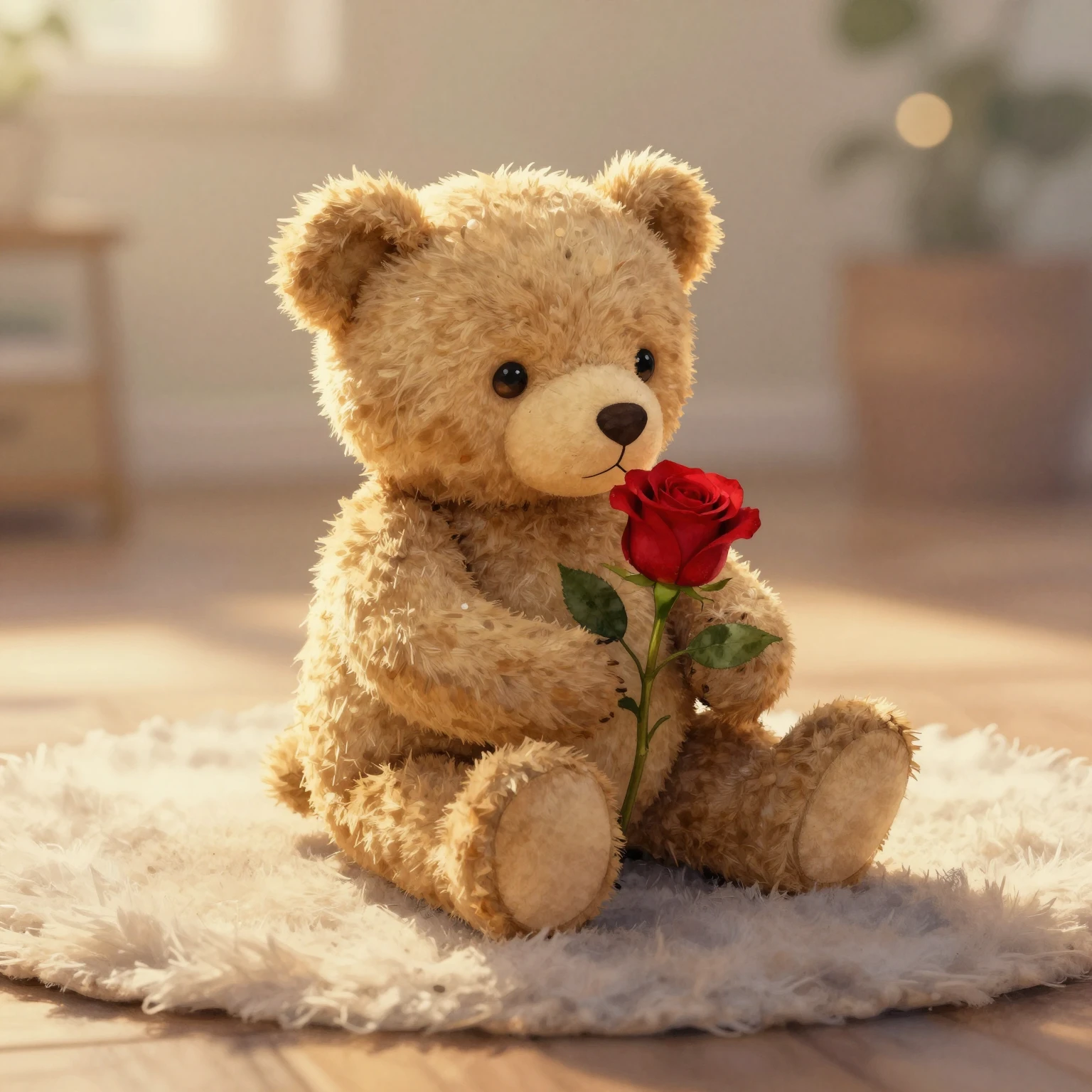 A lonely teddy bear sitting on a soft rug, holding a red ros...