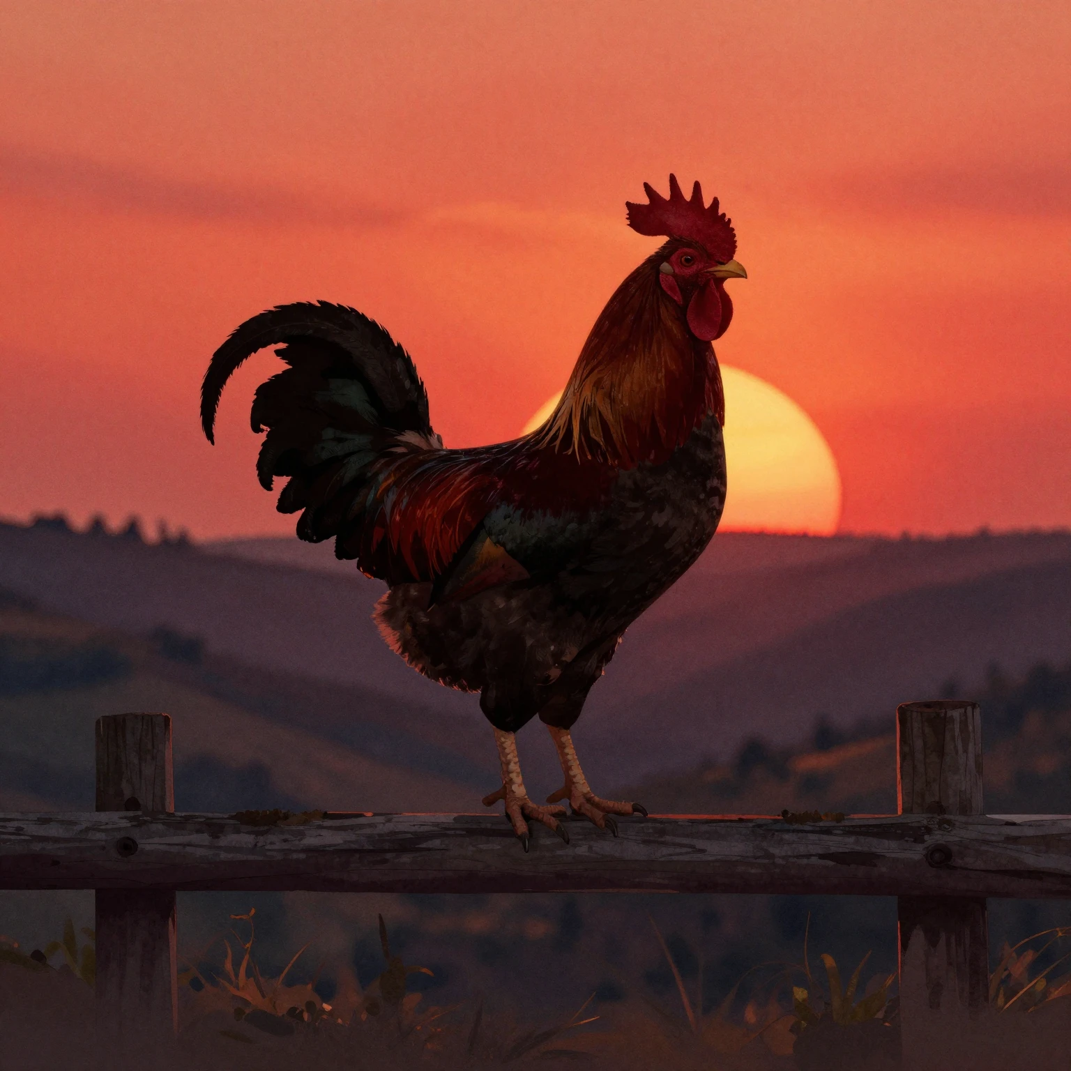 A majestic rooster in silhouette, standing on a wooden fence...