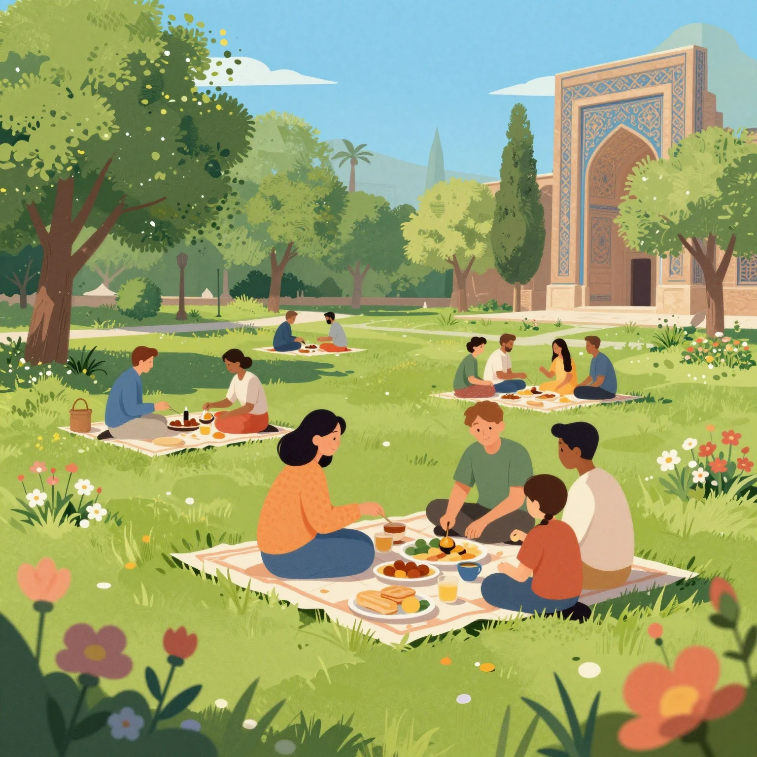 A vibrant, artistic illustration of people picnicking outdoo...