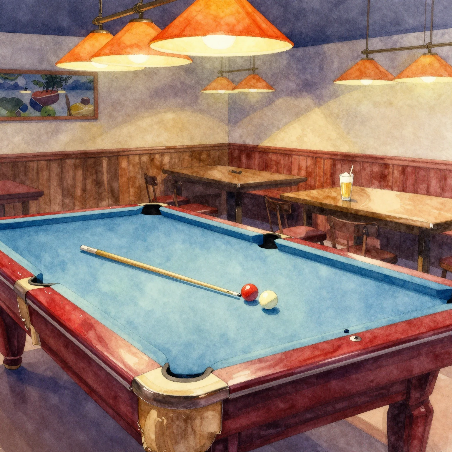 Vibrant watercolor painting of a billiard bar interior. Focu...