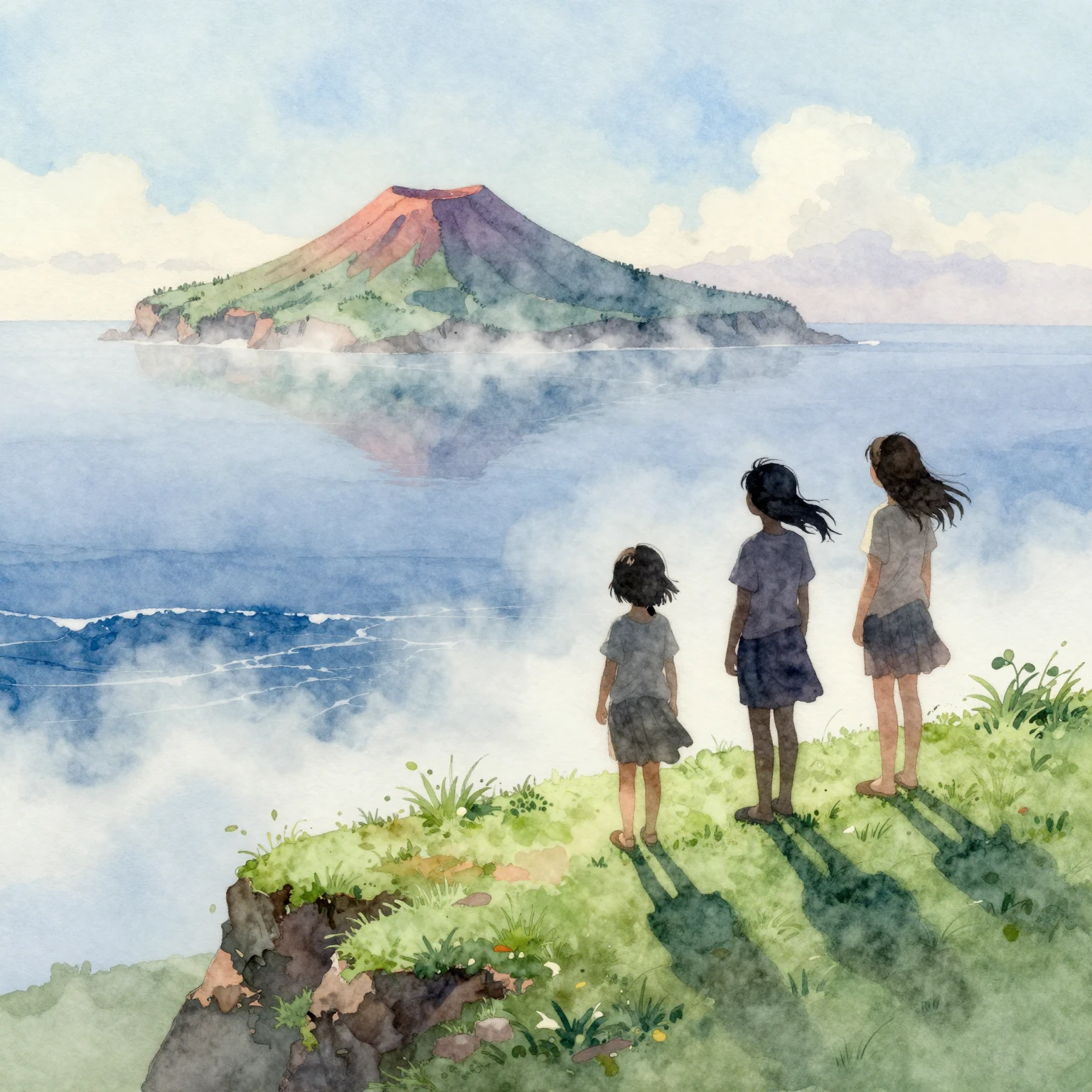 Watercolor painting of silhouettes of two young girls standi...