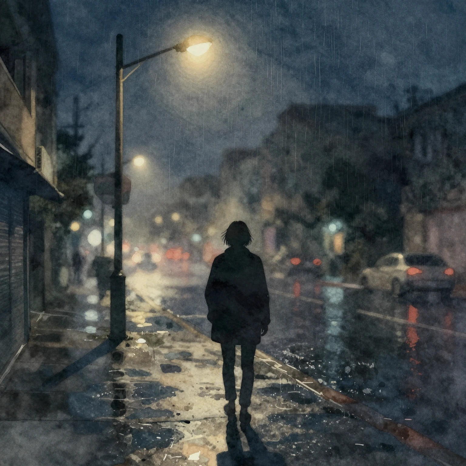 Vibrant watercolor style. Dark indie pop album art. A lone, ...
