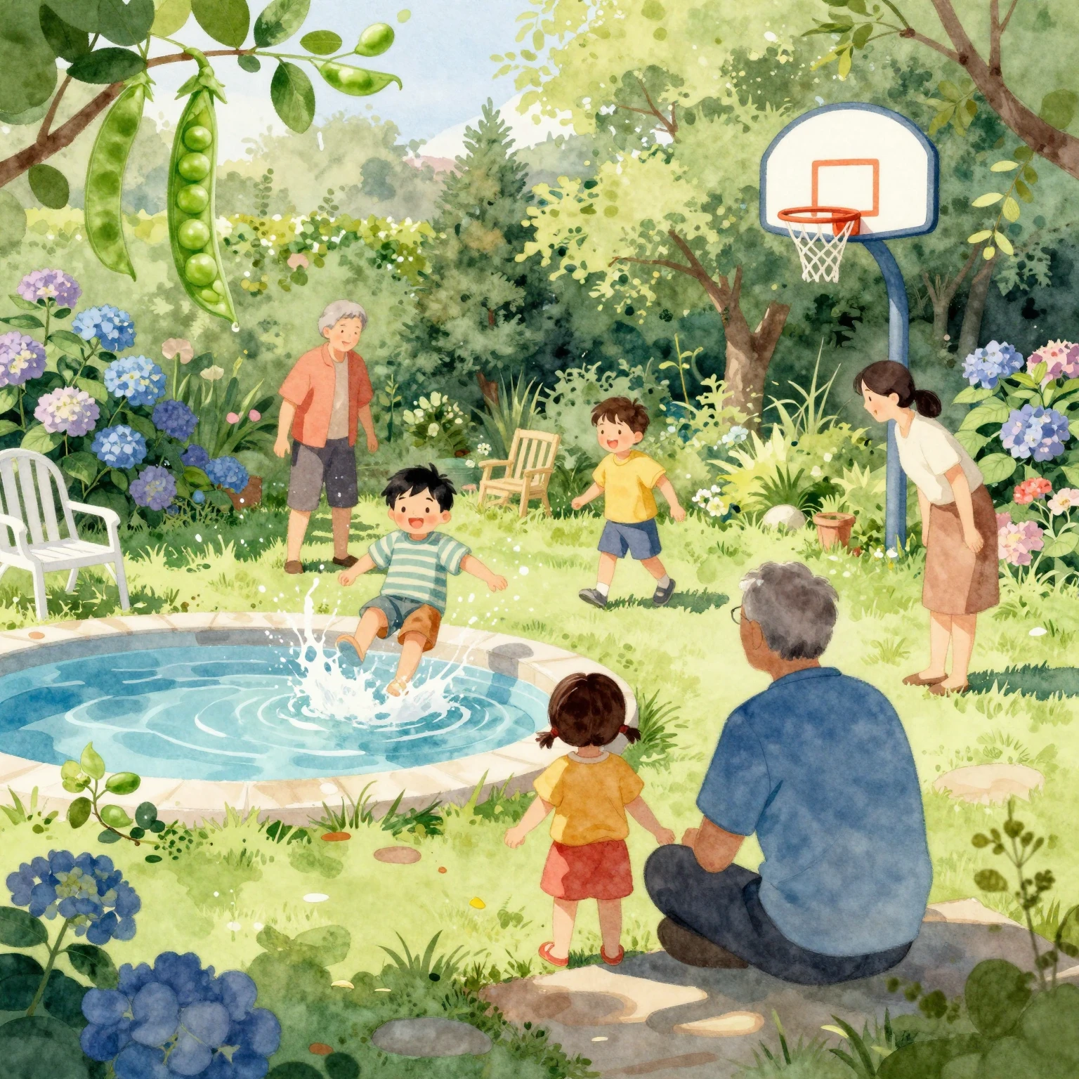 A vibrant watercolor scene of a sun-drenched dacha garden. G...