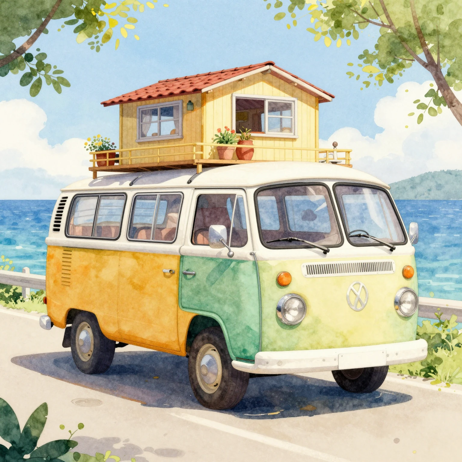 Vibrant watercolor style. A repurposed old minibus transform...