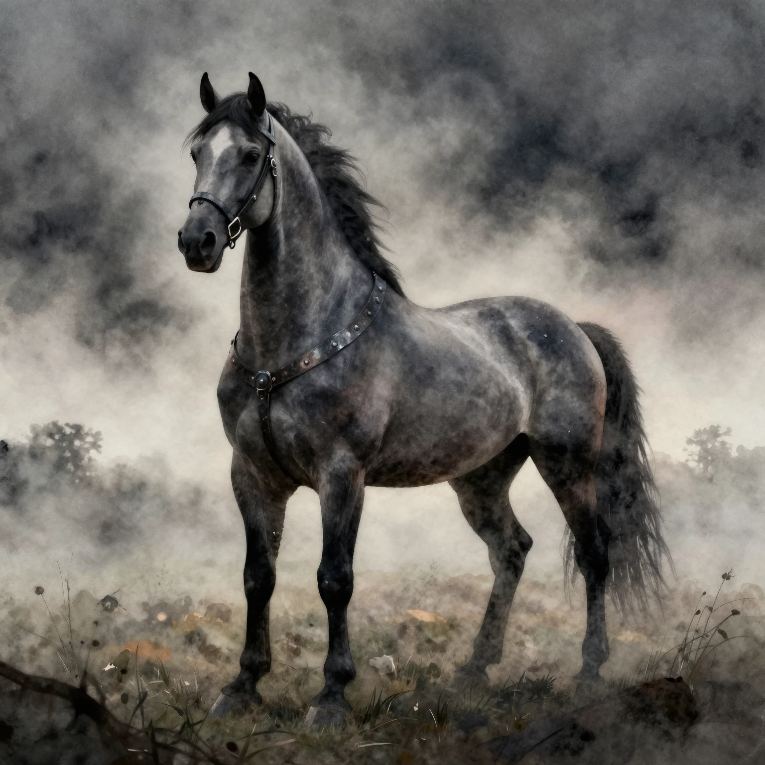Watercolor style. A silhouette of a powerful grey stallion s...