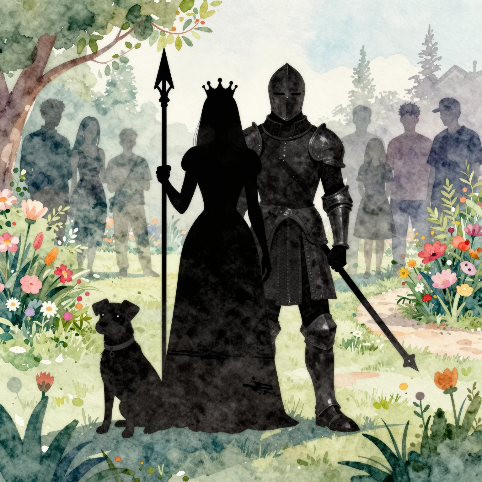 Watercolor style. A silhouette of a queen standing next to a...