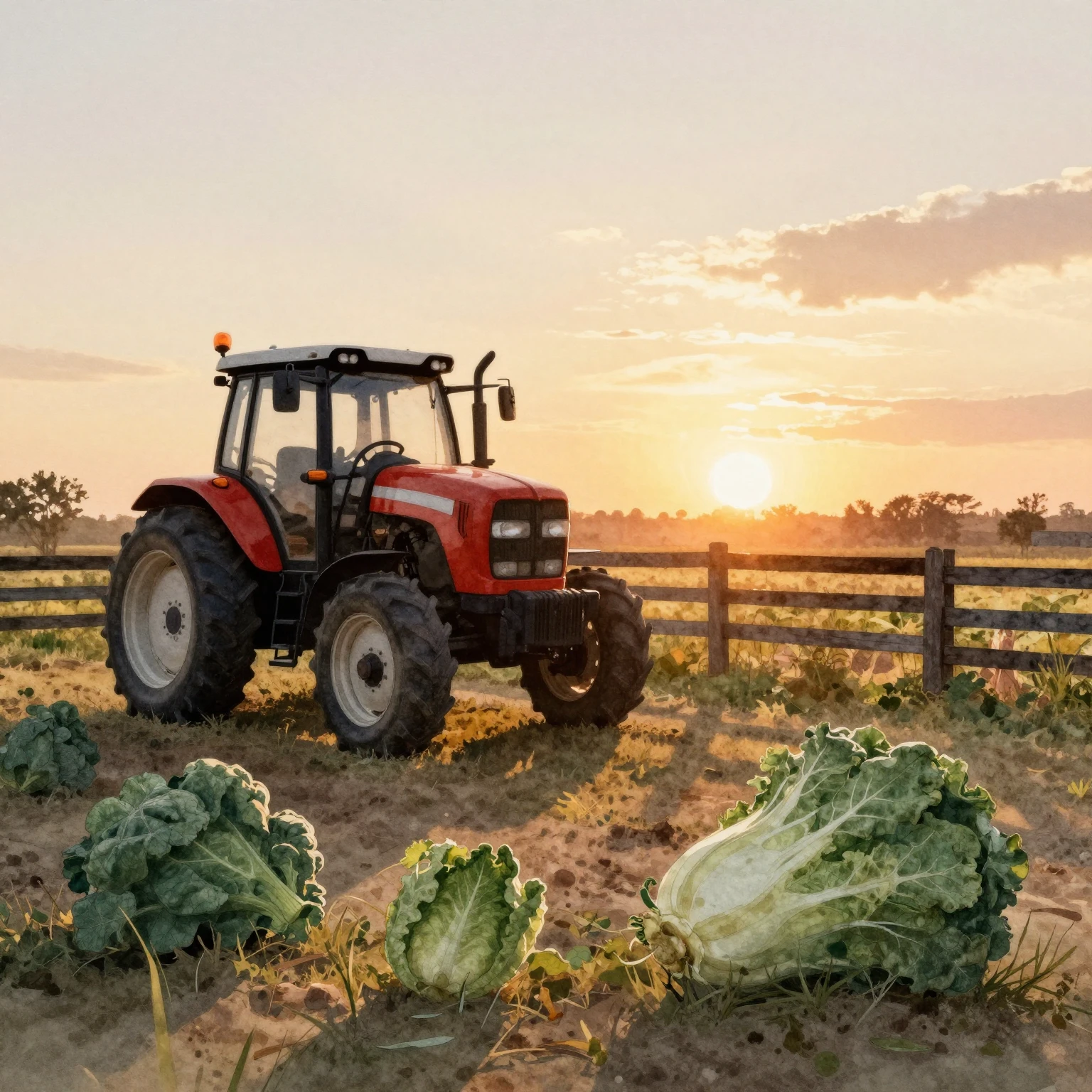Watercolor silhouette of a rustic farm with a tractor and gi...