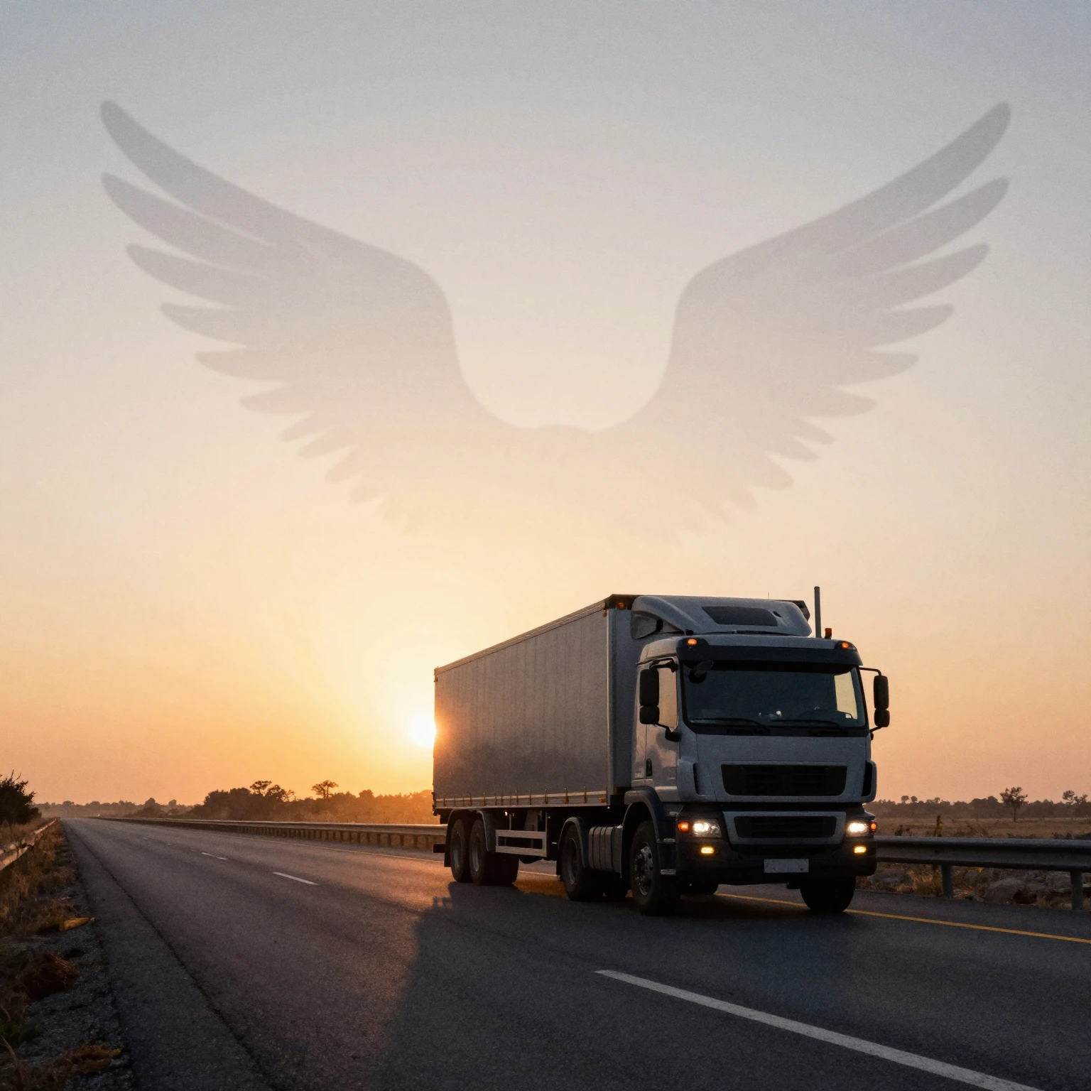 Watercolor style. Silhouette of a large truck driving on a l...