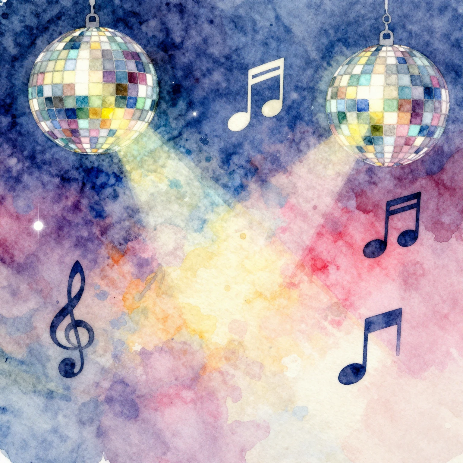 Vibrant watercolor style. Disco album cover with abstract di...