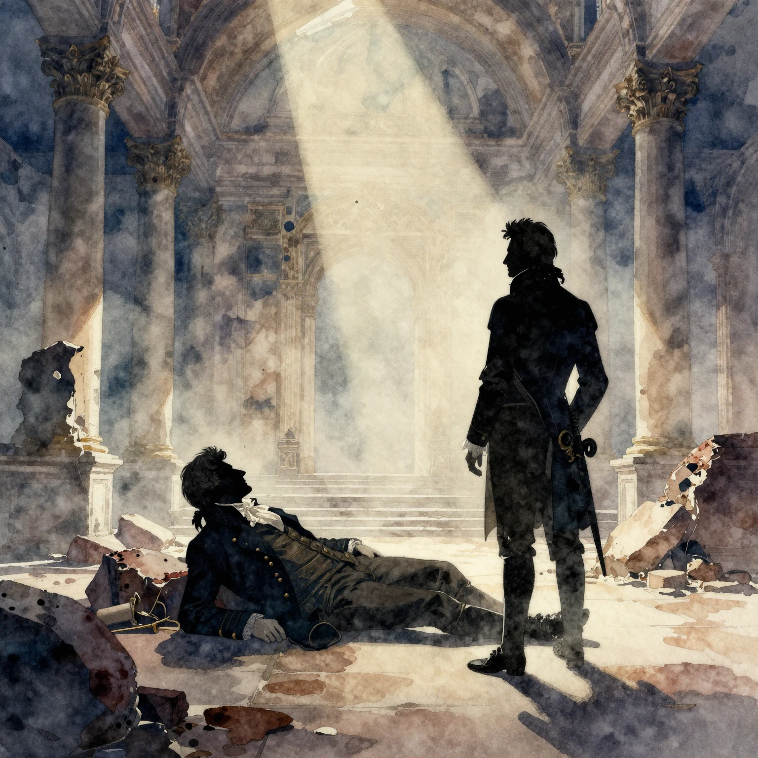 A watercolor style image of a silhouette of a fallen aristoc...