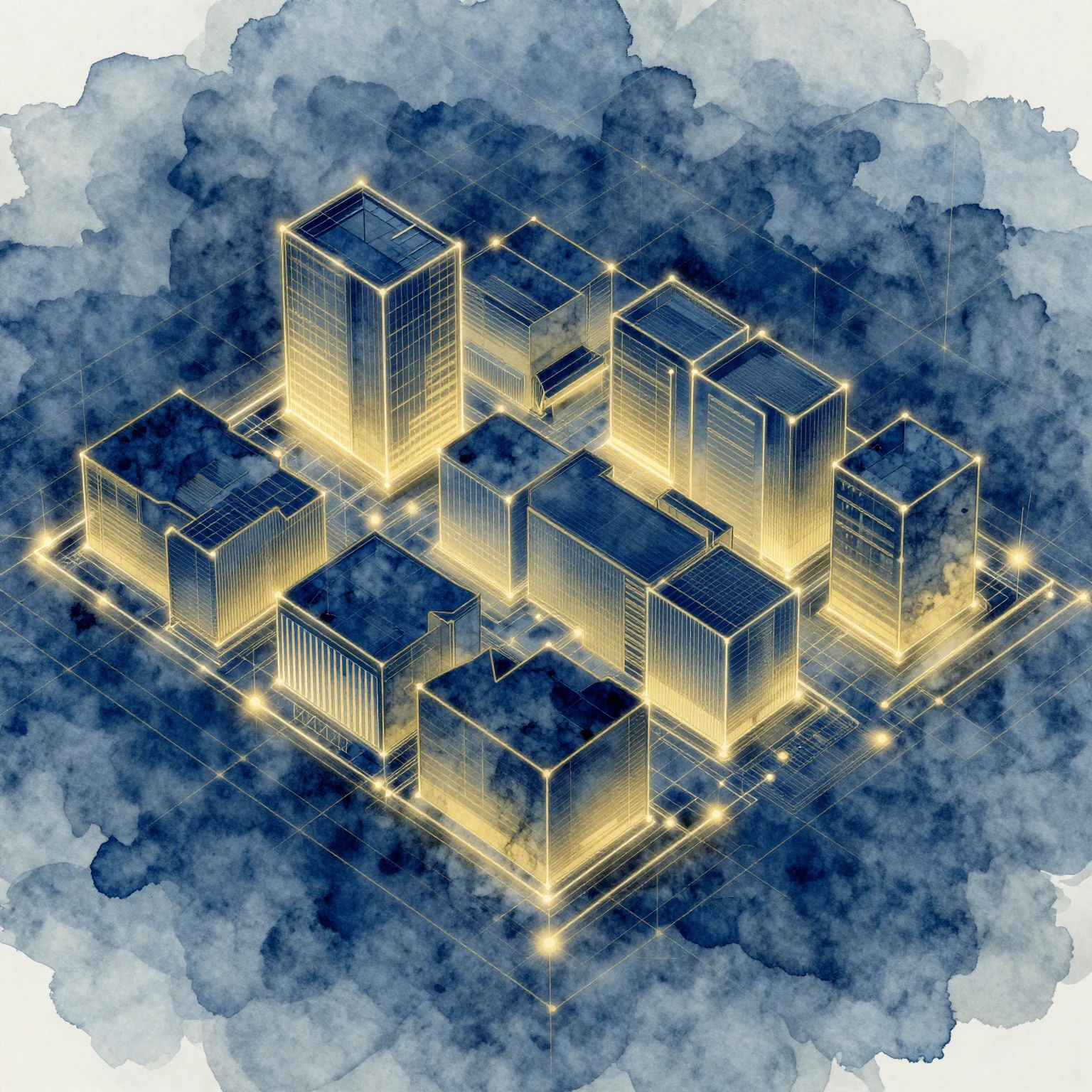 Watercolor style abstract architectural blueprint with a dig...