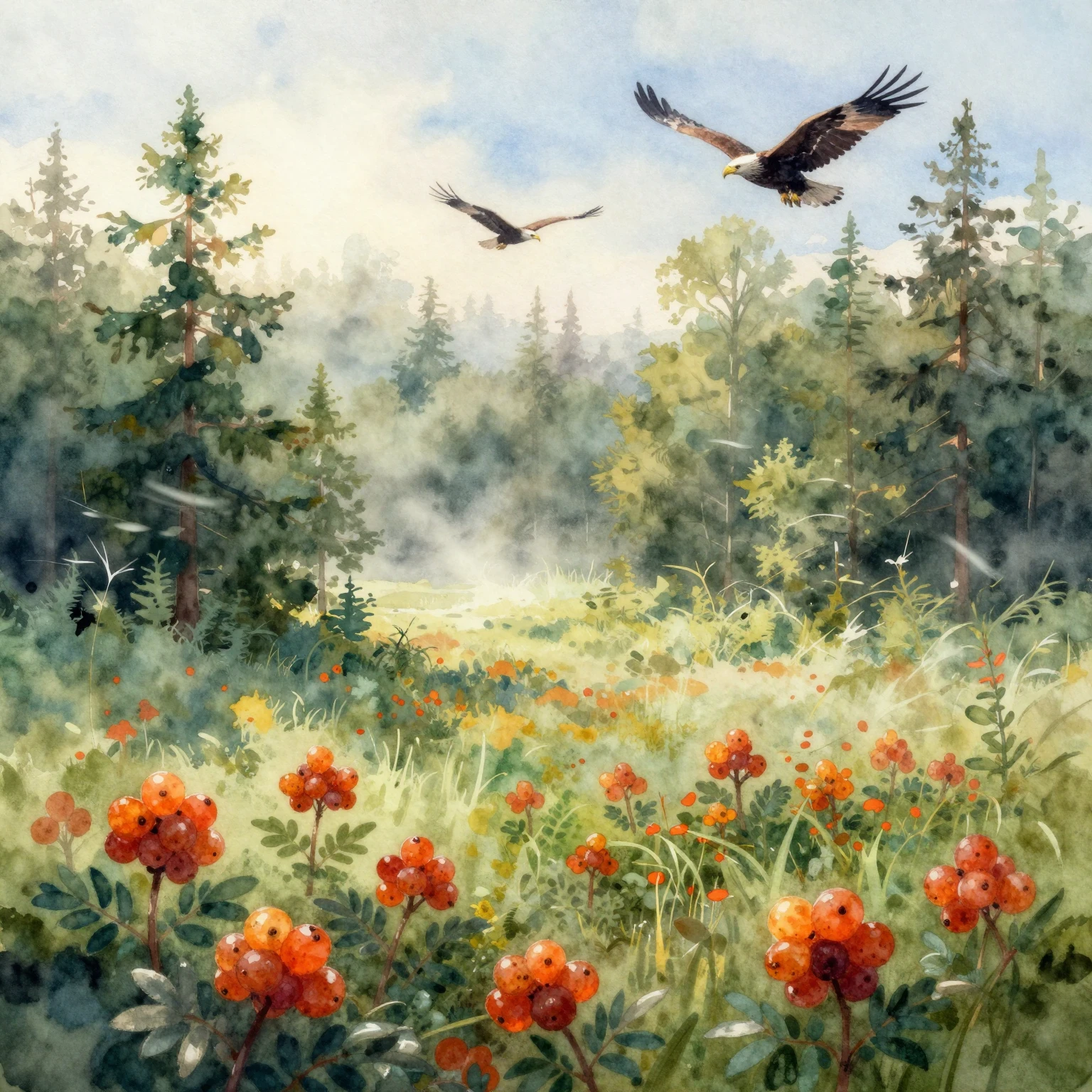 Vibrant watercolor painting of a dreamy, atmospheric Sakhali...